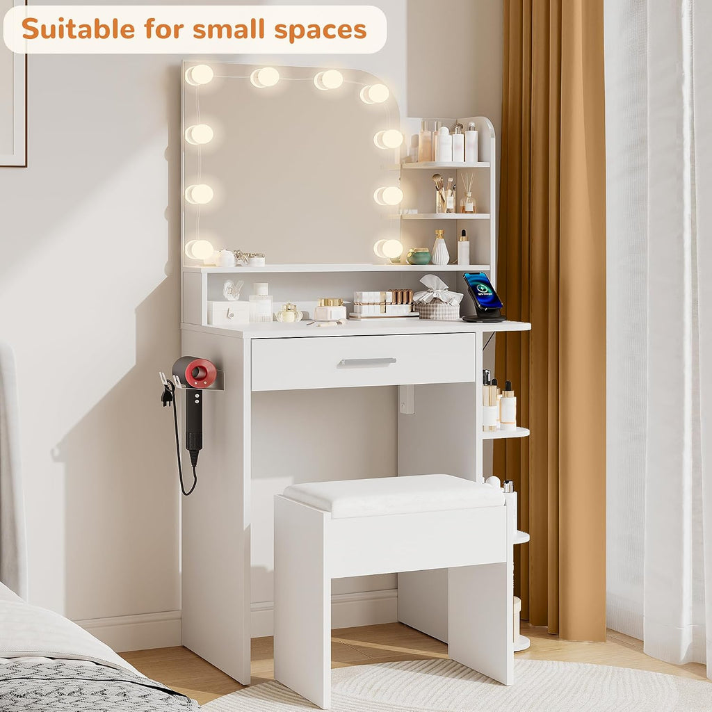 wanan Makeup Vanity with Chair, Small Vanity Desk with Mirror and Lights 3 Colors, Girls Vanity Set with Power Outlet, Compact Vanity Table for Small Space, White