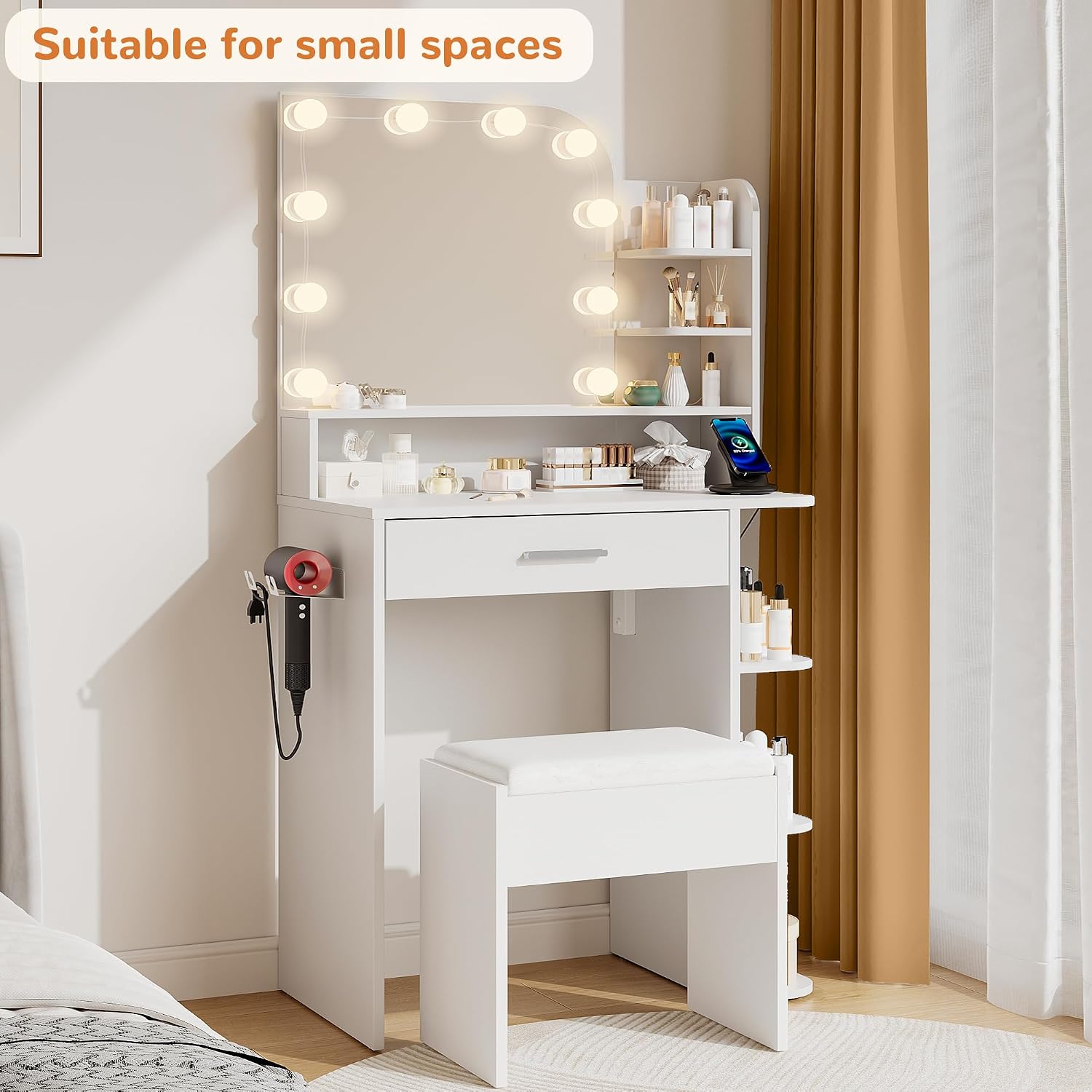 wanan Makeup Vanity with Chair, Small Vanity Desk with Mirror and Lights 3 Colors, Girls Vanity Set with Power Outlet, Compact Vanity Table for Small Space, White