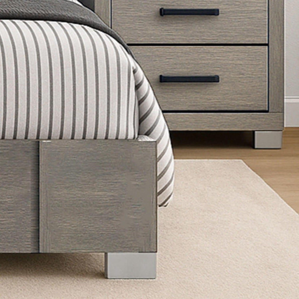 Kings Brand Furniture 3-Piece Oak Gray with Chrome Legs Bedroom Set - Wood Bed Frame with 2 Nightstands (King)