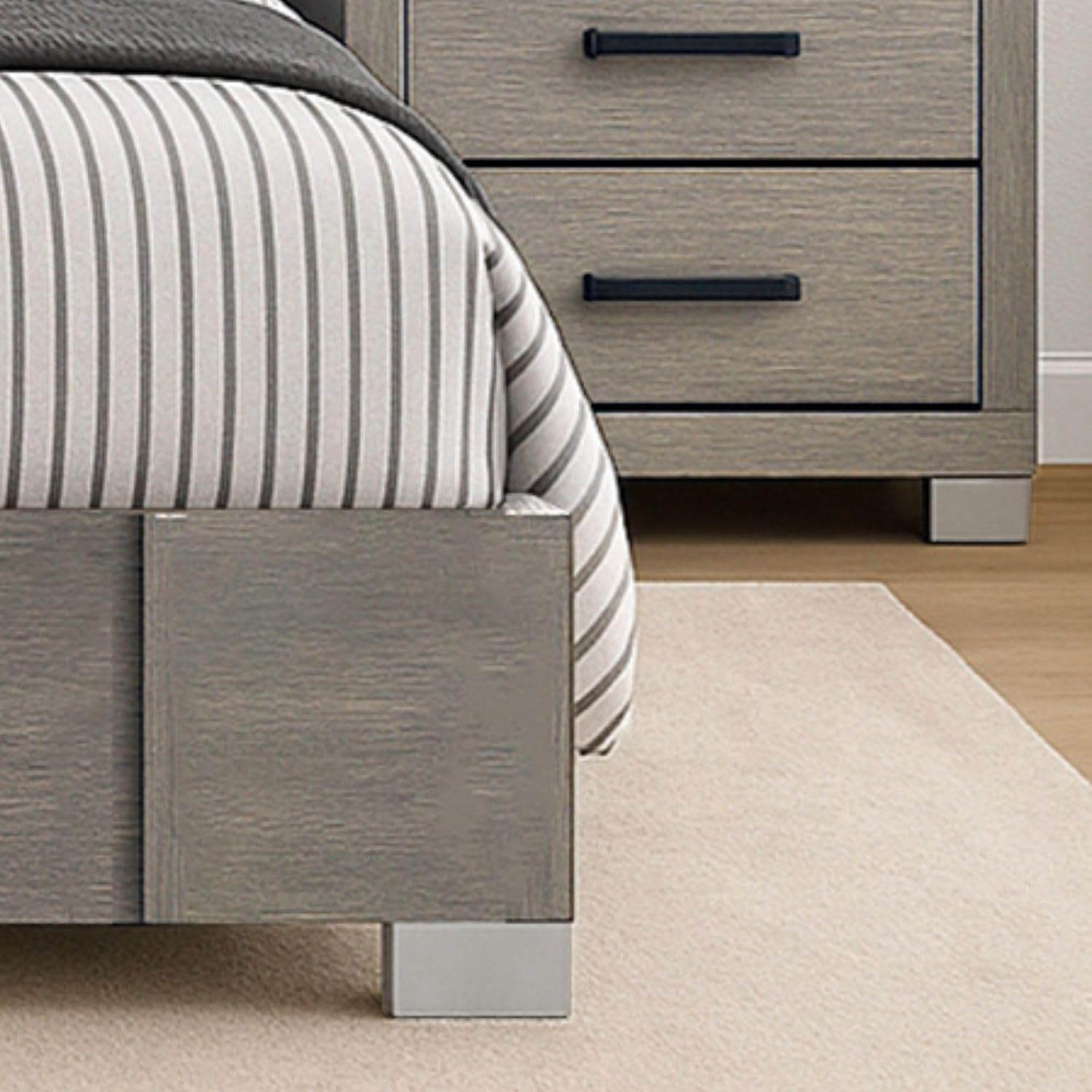 Kings Brand Furniture 3-Piece Oak Gray with Chrome Legs Bedroom Set - Wood Bed Frame with 2 Nightstands (King)