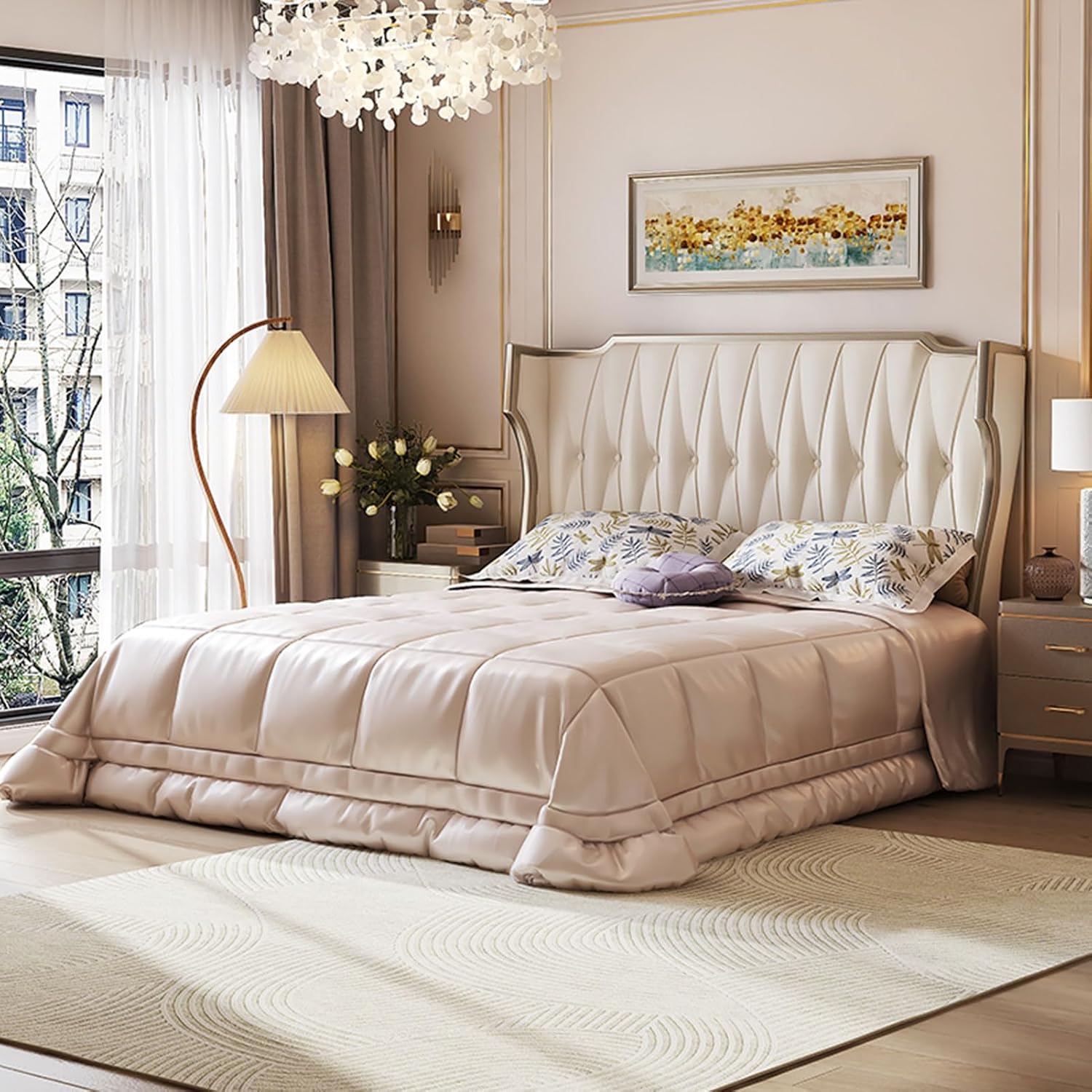 King Size Genuine Leather Bed Set with Headboard and Drawers Wooden Slats and Metal Frame Support No Box Spring Needed