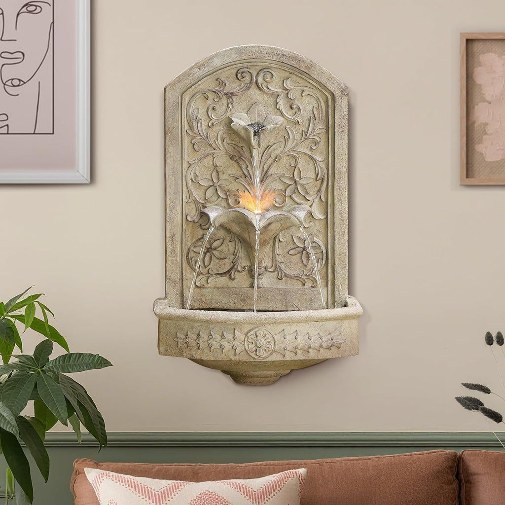 Vintage Wall-Mounted Outdoor Fountain, 28.3' H Resin Garden Water Feature with Floral Carving, Decorative Antique Wall Waterfall for Patio, Yard, Porch & Home Décor