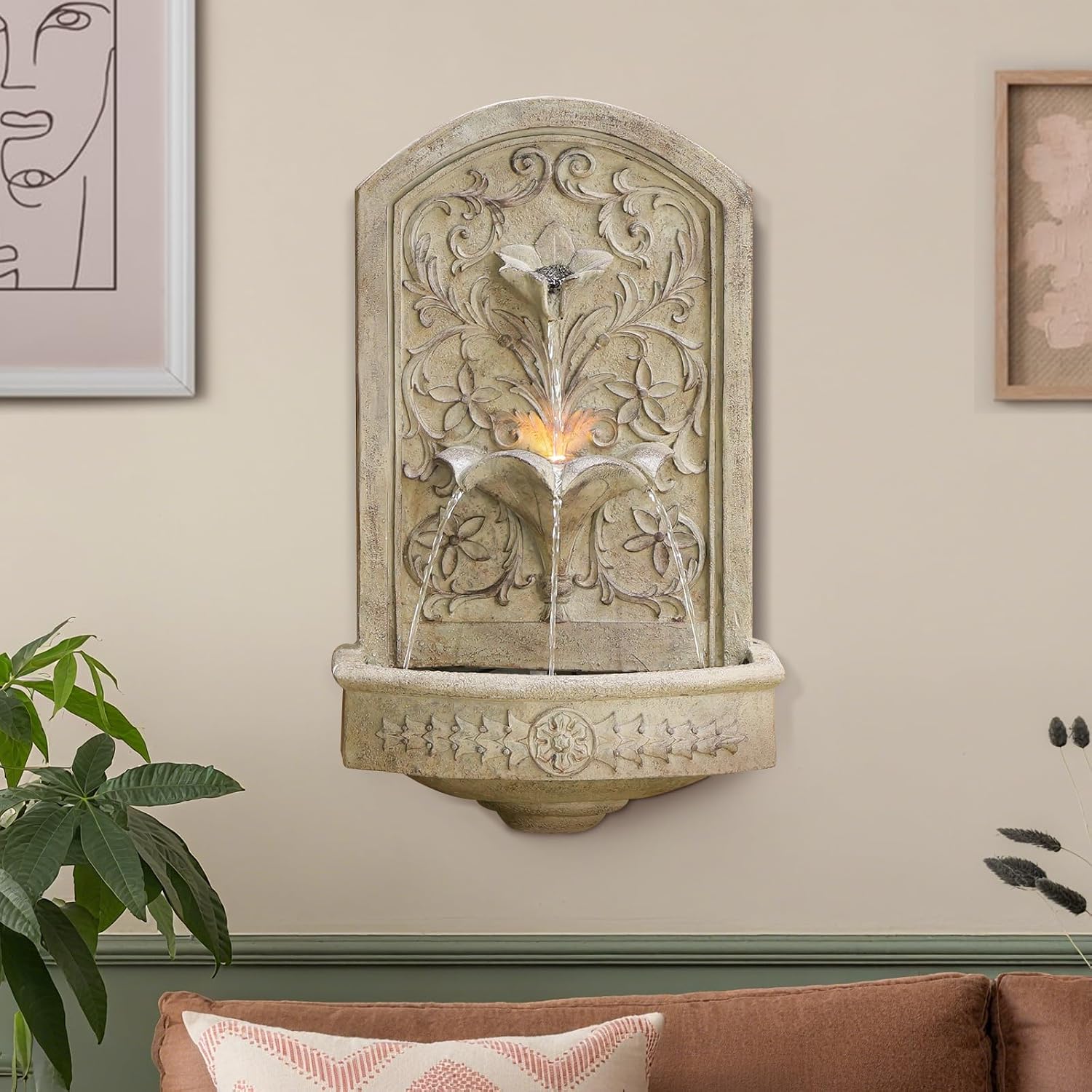 Vintage Wall-Mounted Outdoor Fountain, 28.3' H Resin Garden Water Feature with Floral Carving, Decorative Antique Wall Waterfall for Patio, Yard, Porch & Home Décor
