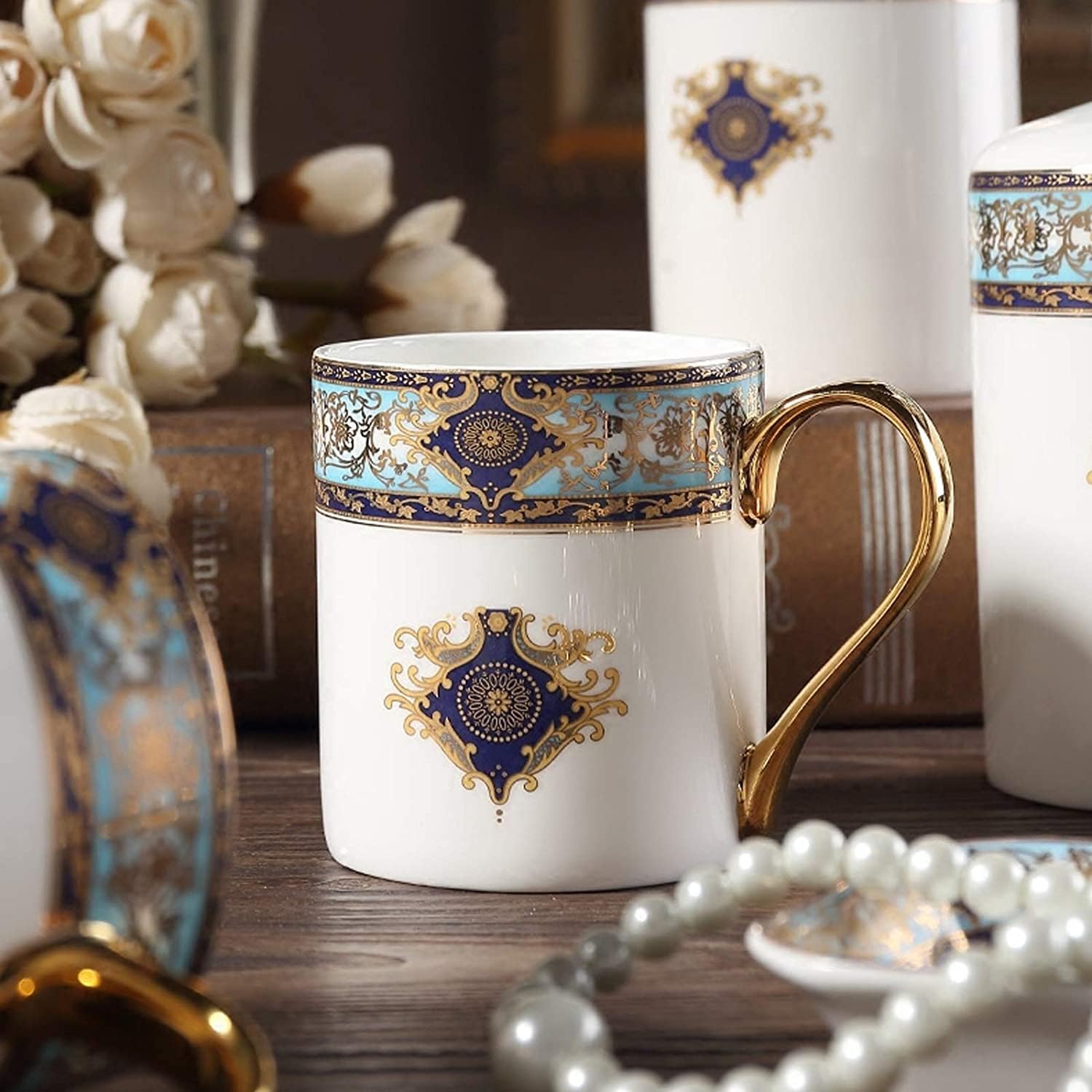 Vanity Bathroom Decor, Retro Design Ceramic Bathroom Accessory Set Bohemian Blue Bath Accessories Bath Set European Style Set Housewarming Gift(5-Piece Set)