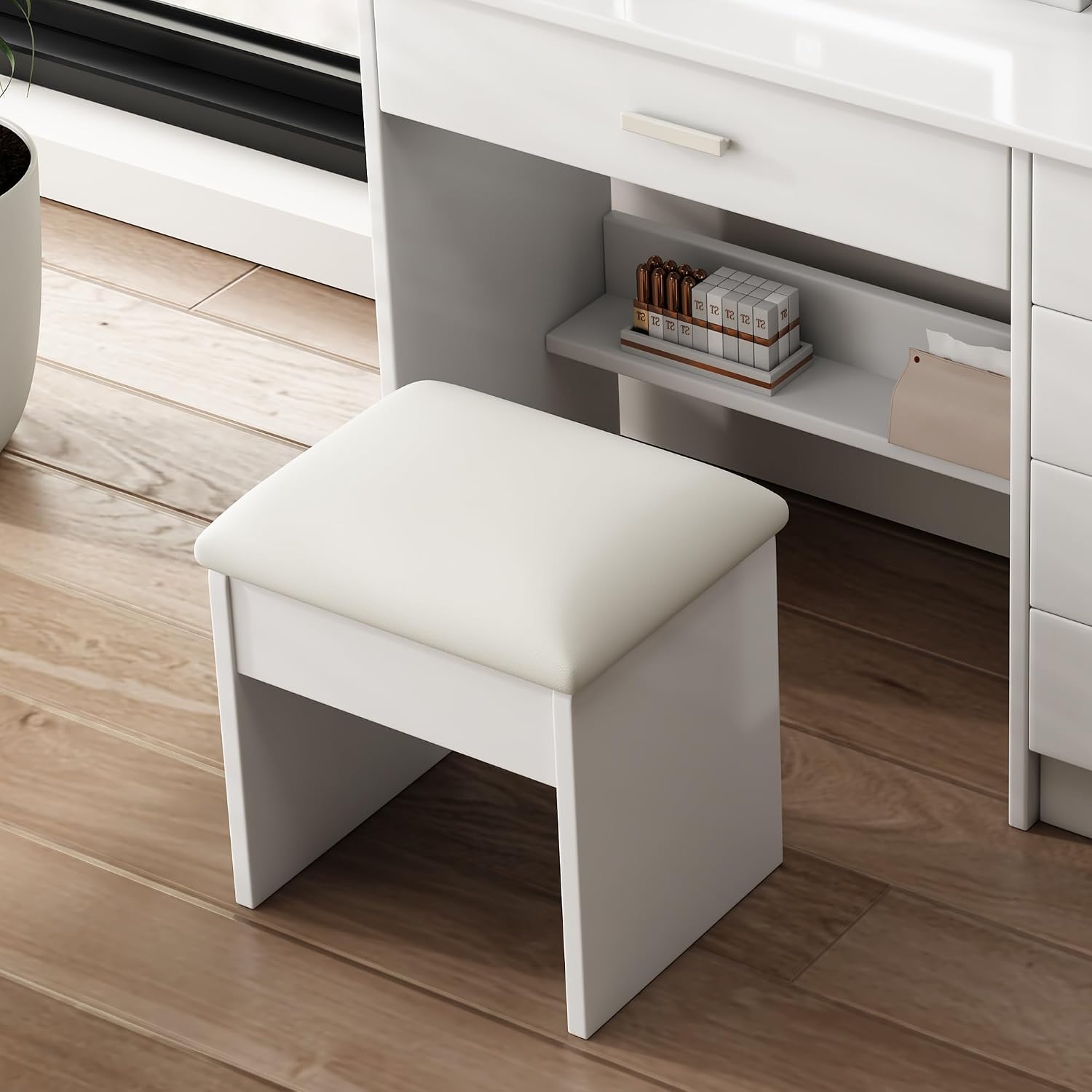 43.3' Vanity Desk with Mirror and Lights, Sliding 3 Colors Lighted Mirror, Vanity Desk Set with Stool, 5 Drawers and Foldable Table Board, to Store Jewelry and Makeup for Bedroom&Dressing Room