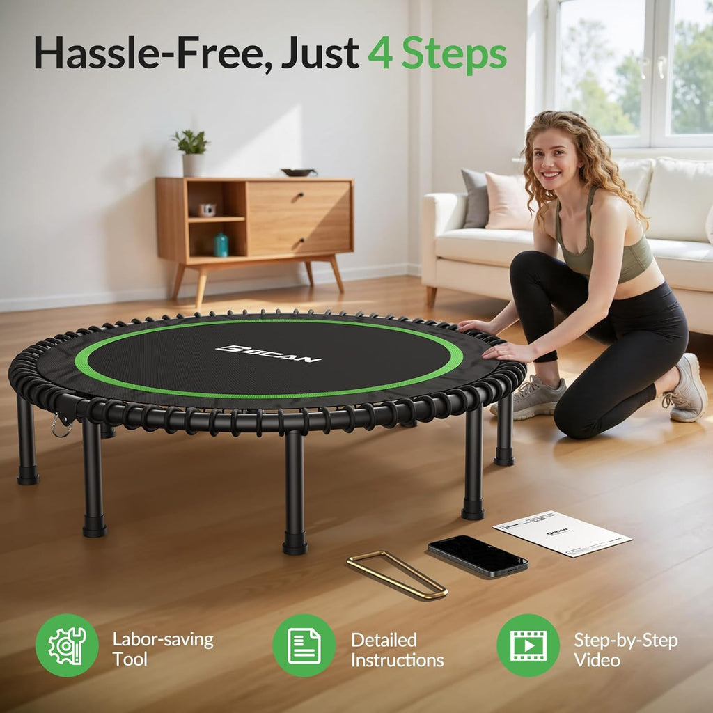 BCAN 450/550LBS Mini Rebounder Trampoline for Adults, 40'/48' Foldable Fitness Trampoline with Bungees, Quiet & Stable Exercise Trampoline Indoor/Home/Garden (BT2, Without Handle)