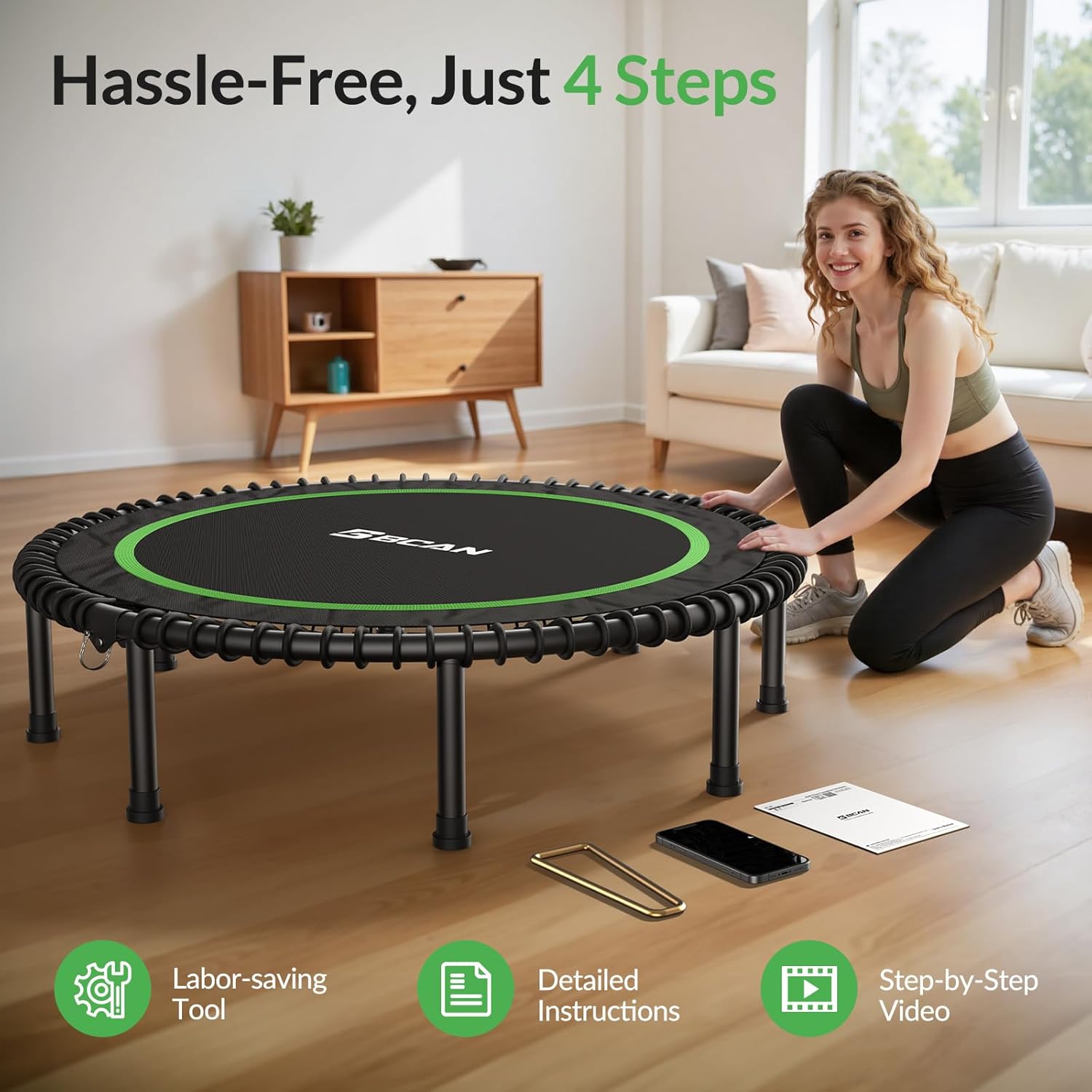 BCAN 450/550LBS Mini Rebounder Trampoline for Adults, 40'/48' Foldable Fitness Trampoline with Bungees, Quiet & Stable Exercise Trampoline Indoor/Home/Garden (BT2, Without Handle)