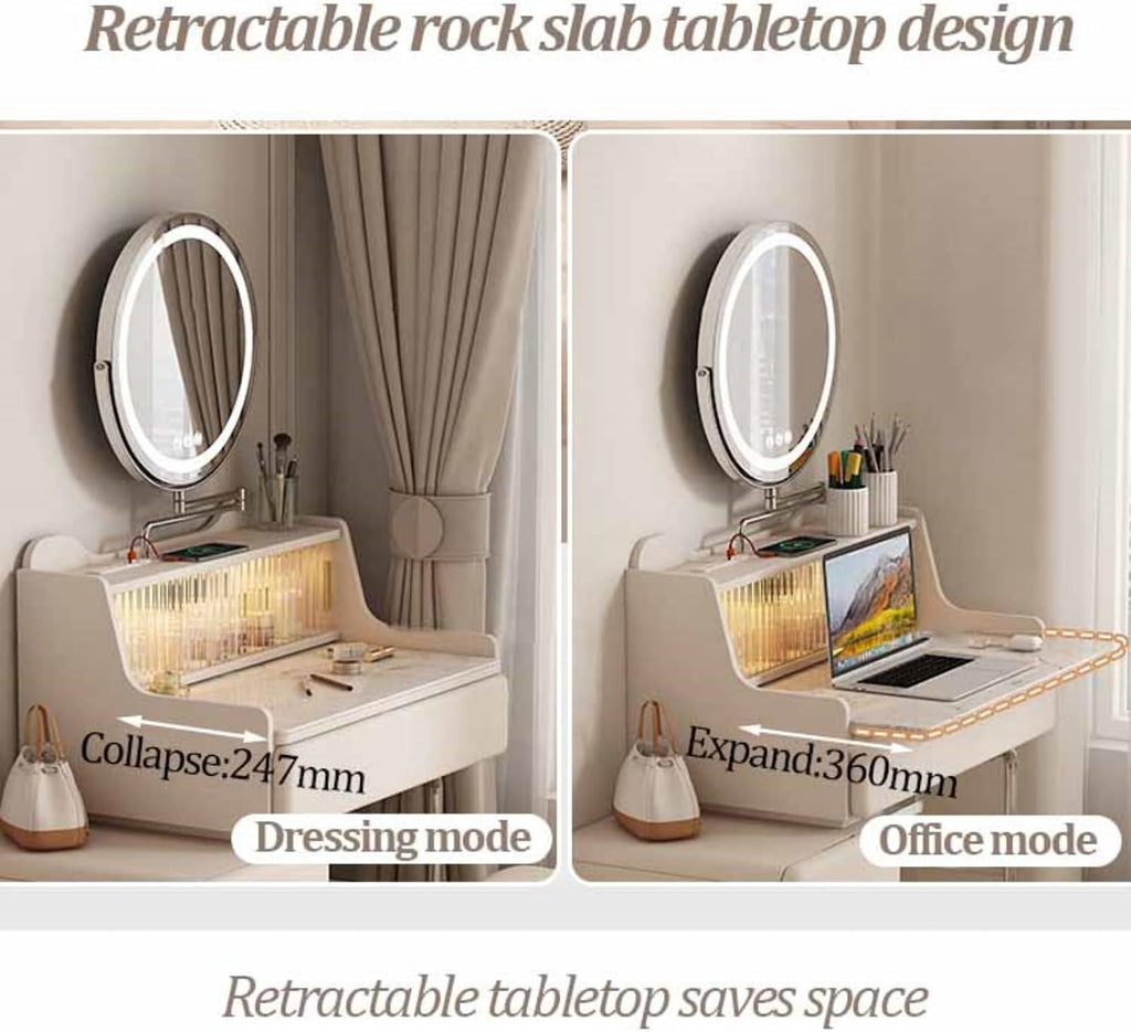 Floating Vanity Makeup Table, Wall-Mounted Desk Vanity, Floating Corner Desk with Retractable Rock Tabletop, Solid Wood Hanging Nightstand, LED Sensor Light(70cm)