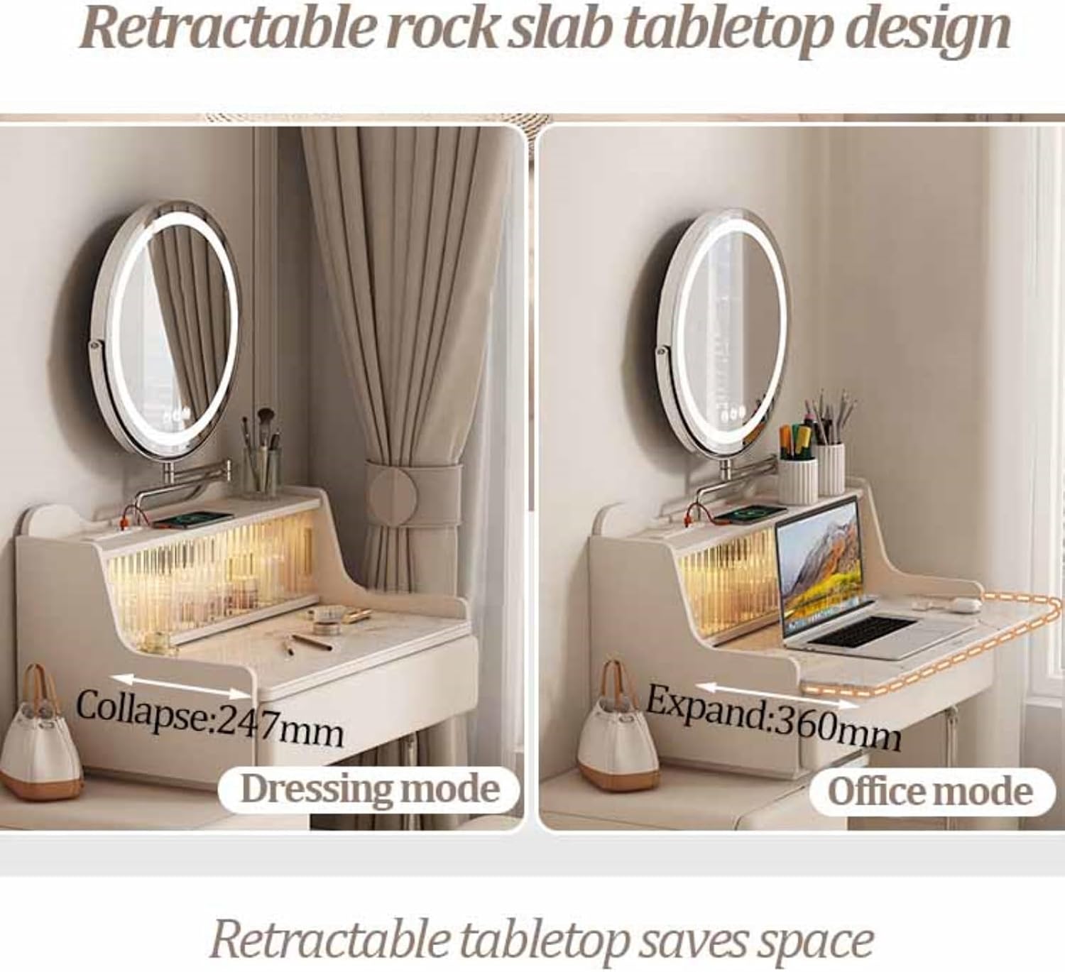 Floating Vanity Makeup Table, Wall-Mounted Desk Vanity, Floating Corner Desk with Retractable Rock Tabletop, Solid Wood Hanging Nightstand, LED Sensor Light(50cm)