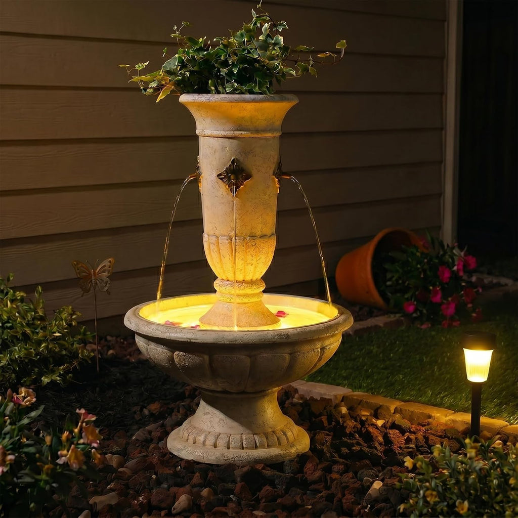 Bumilgar Outdoor Wall Fountain with LED Lights, 25.39' H Freestanding Garden Water Fountain, Large Floor Standing Patio Waterfall Feature, European Resin Flat Back Yard Courtyard Porch Décor