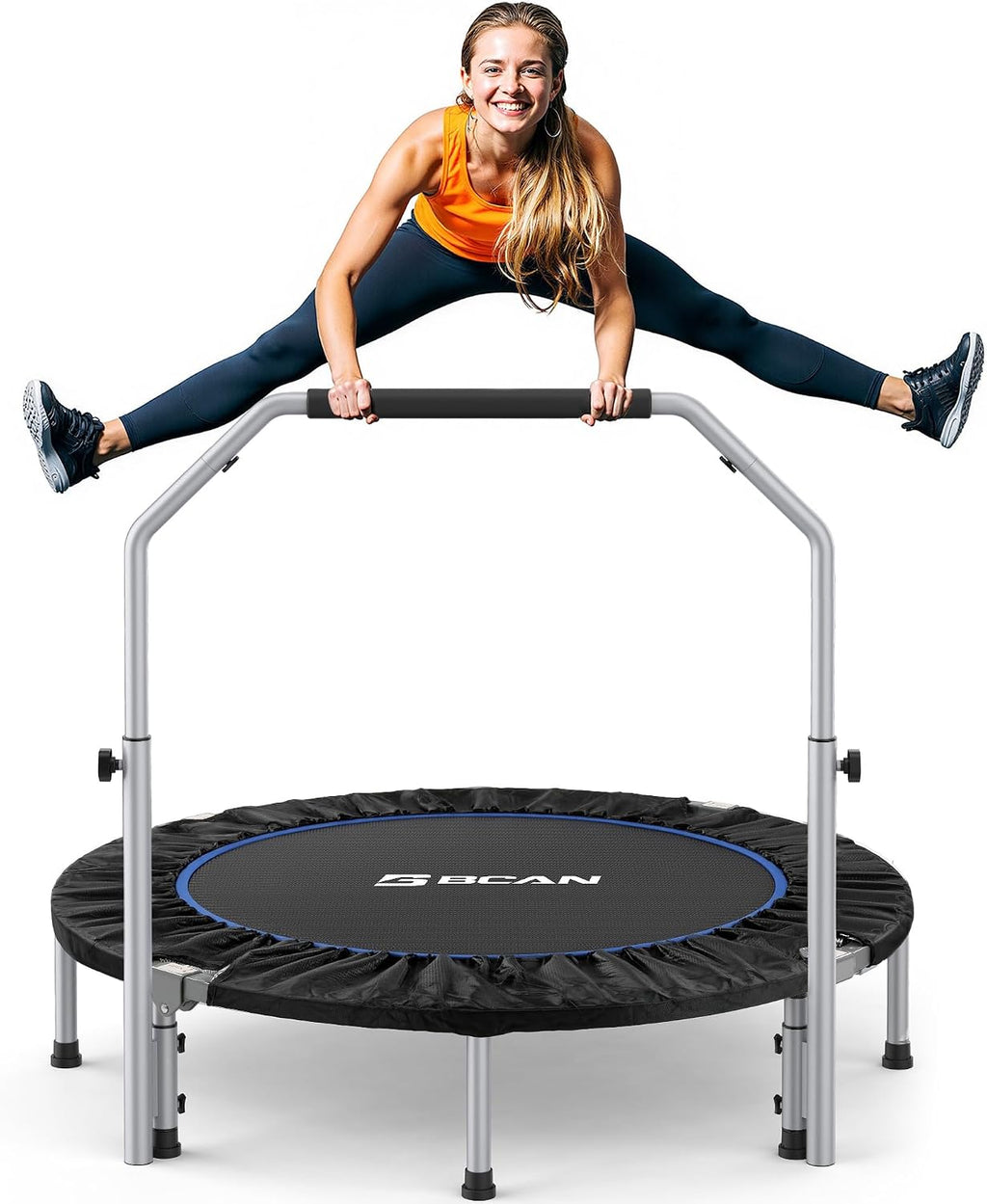 BCAN SP2 40/48' Foldable Mini Trampoline Max Load 330lbs/440lbs, Fitness Rebounder with Adjustable Foam Handle, Exercise Trampoline for Adults Indoor/Garden Workout | FED Fitness