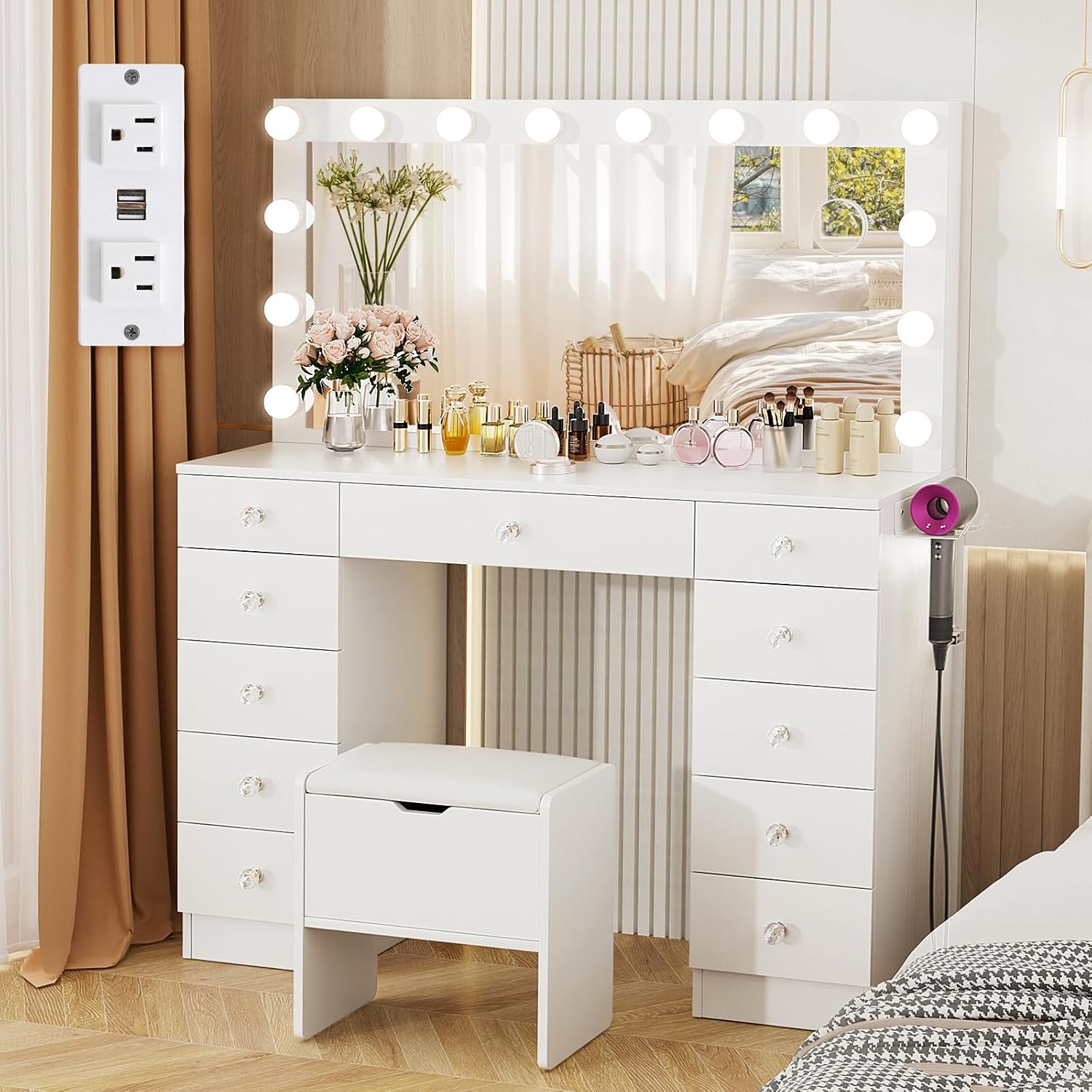 VOWNER Vanity with Lighted Mirror - Makeup Vanity Desk with 11 Drawers and Outlet, 3 Color Lighting Modes Adjustable Brightness, 46' Vanity Table with Soft Cushioned Stool for Bedroom, White