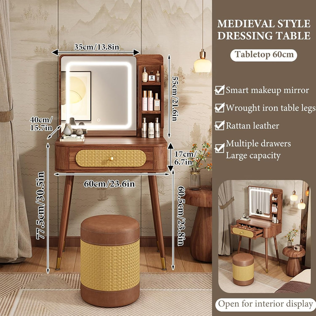 Vanity Mirror with Lights,small Make Up Vanity Desk Medieval Style,with 3 Color Touch Screen Dimming Mirror,with 1 Drawers,Large Vanity Tabel Set,Storage Bench Bedroom Small Space(60cm/23.6in)