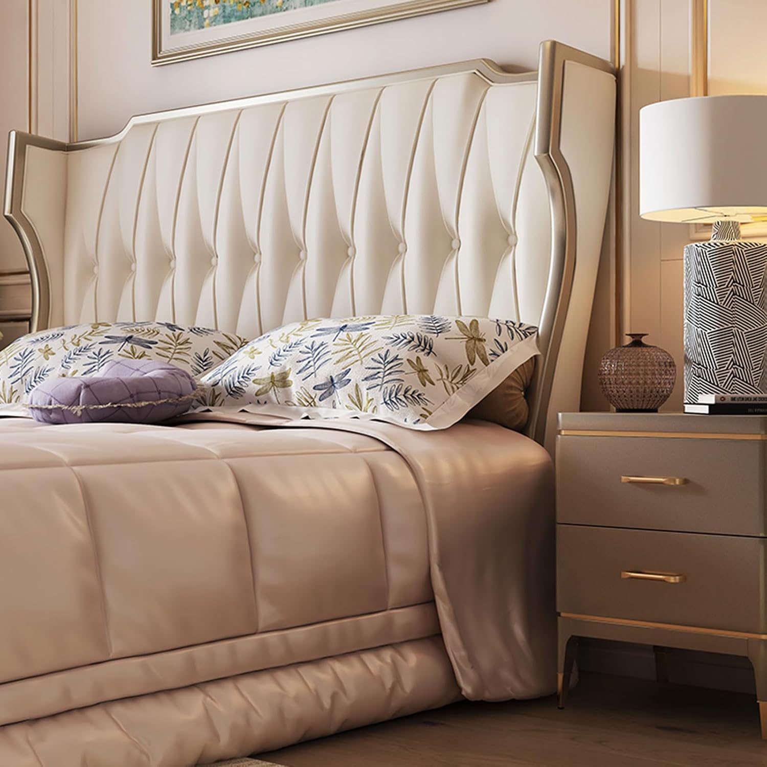 King Size Genuine Leather Bed Set with Headboard and Drawers Wooden Slats and Metal Frame Support No Box Spring Needed