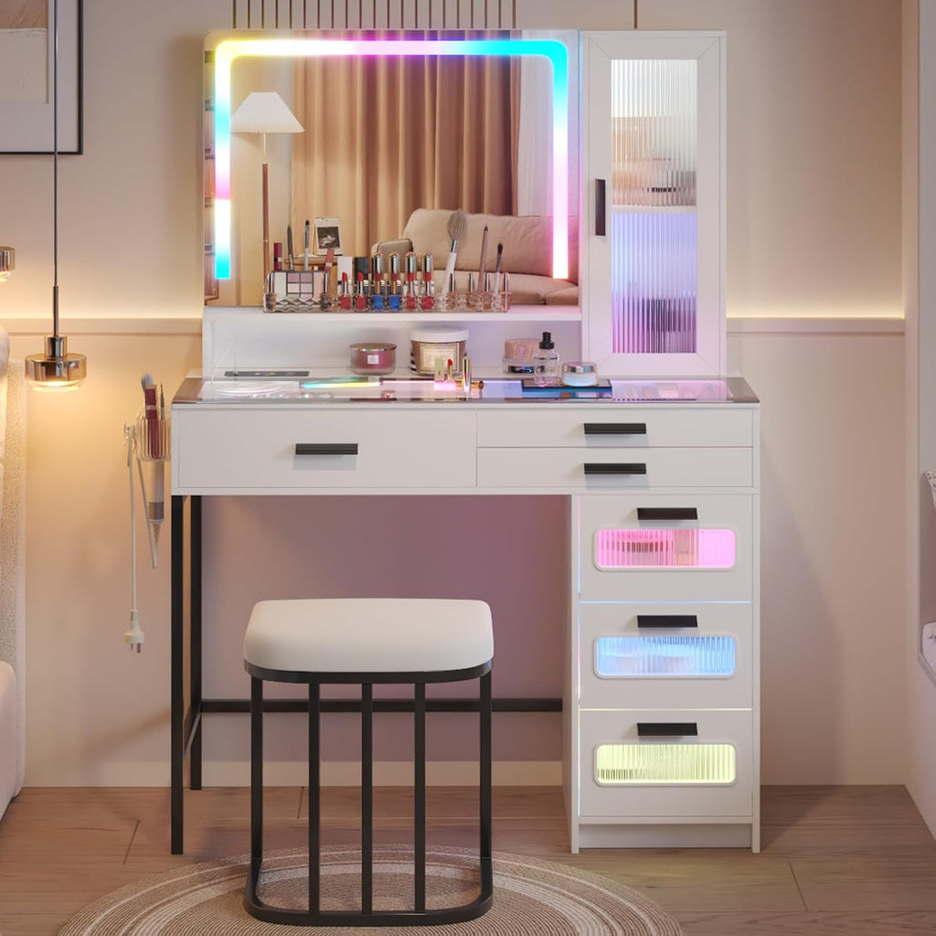 RGB Vanity Desk with Mirror and Lights, Glass Top Makeup Vanity Table with Wireless Charging Station, Girl Vanity,Dressing Table with Chair & 6 Drawers,White