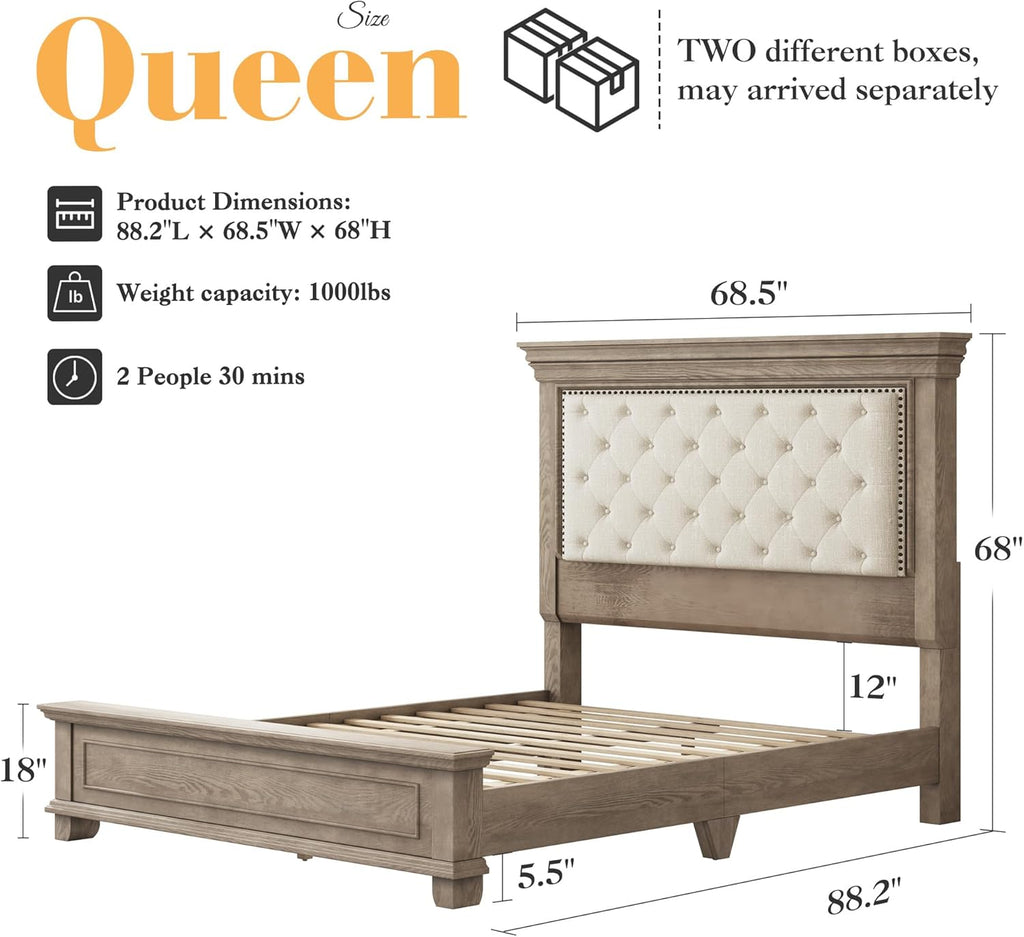LUXOAK Solid Pine Wood Queen Bed Frame with 69' High Upholstered Headboard, Transitional Style Platform Bed, No Box Spring Needed & Easy Assembly, Button-Tufted Chenille Fabric, Antique Taupe