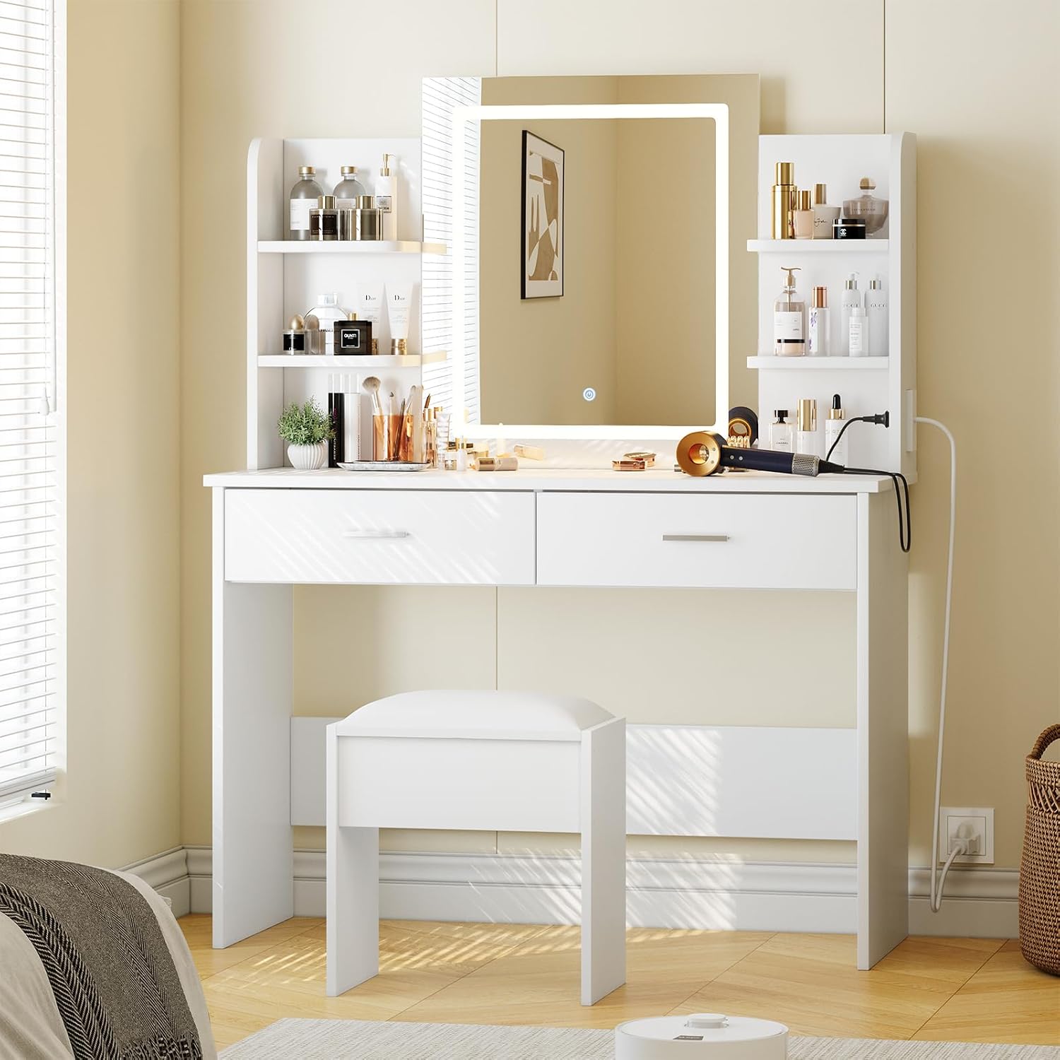 Garvee Vanity Desk with Lights | Tri-Mode LED Lighted Mirror & Charging Station | Makeup Vanity Set with 6 Shelves, 2 Drawers, Soft Cushion Stool | Dimmable Vanity Desk for Bedroom (White)