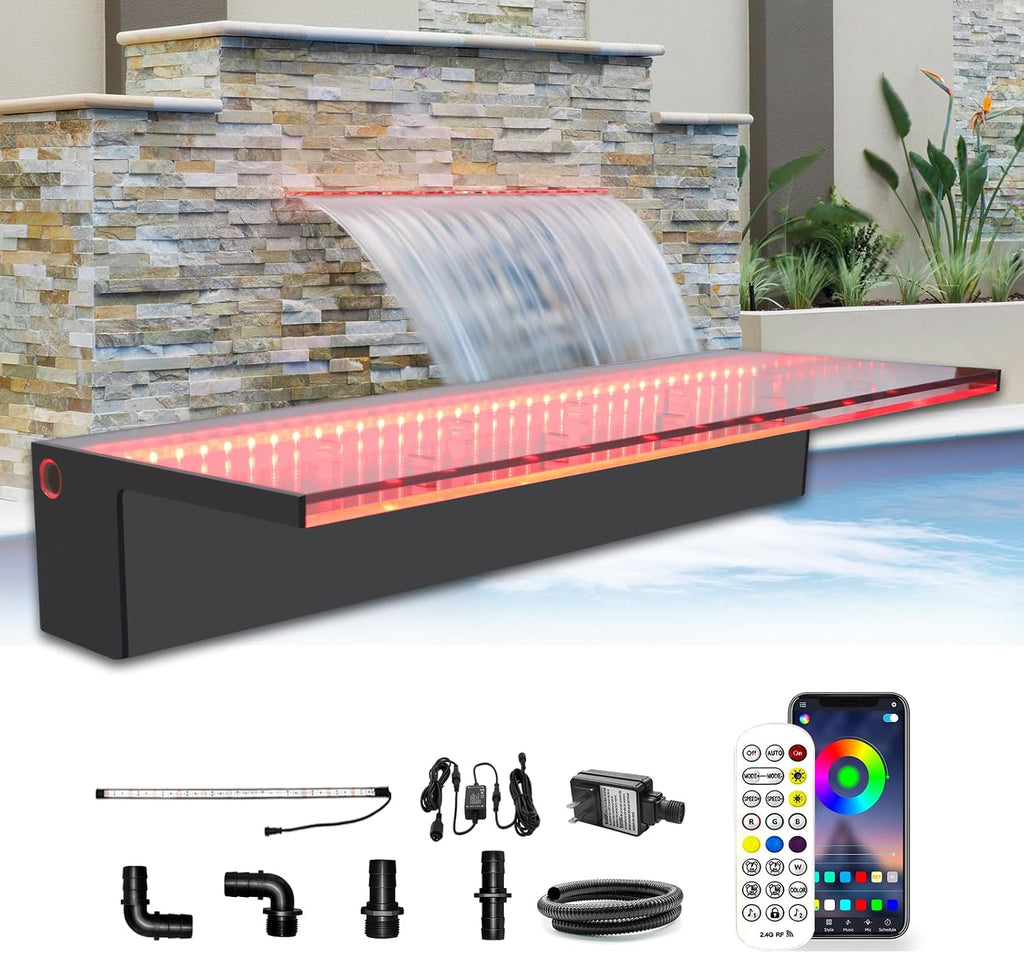 LONGRUN Waterfall Spillway, APP Control Multi-Color LED Light Outdoor Pool Fountain, Acrylic Water Spillway Koi Pond Waterfalls Fountains Kit for Garden Patio Swimming Pool Decoration-23.6'