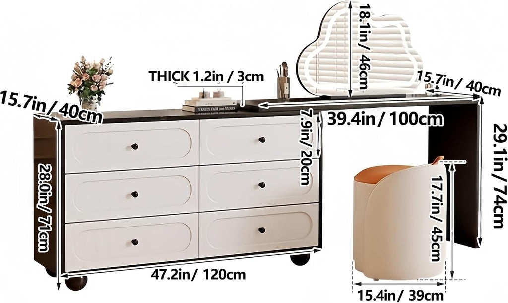Vanity Desk Table with 3 Color Lighted Cloud-Shaped Smart Makeup Mirror, Corner Dresser Wide Tabletop with Retractable Design, Drawers Chest Installed Left or Right(Walnut,W/o CHR,47.2in)