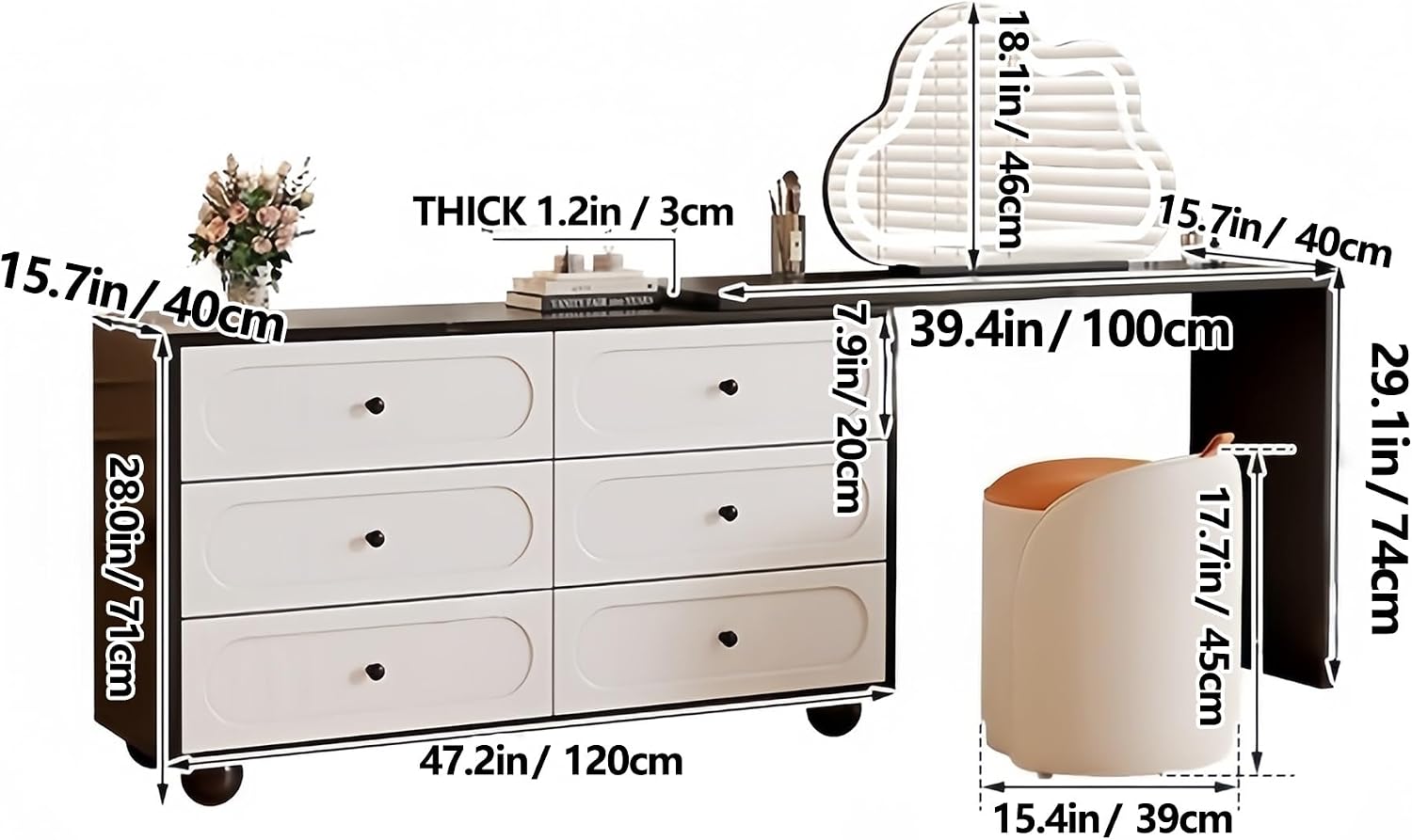 Vanity Desk Table with 3 Color Lighted Cloud-Shaped Smart Makeup Mirror, Corner Dresser Wide Tabletop with Retractable Design, Drawers Chest Installed Left or Right(Walnut,W/o CHR,47.2in)