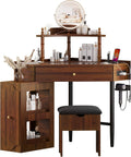 Corner Vanity Desk Set with Storage Cushioned Stool and Charging Station, Triangle Makeup Desk with Removable Pull-Out Side Cabinet, Glass Tabletop, Drawer and Shelf (Walnut)