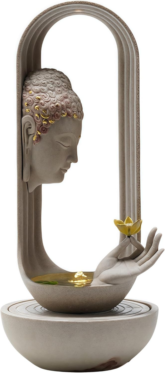 Tabletop Fountains, Buddha Water Fountain Indoor, Buddha Statue for Home - Buddha Statue Indoor/Outdoor, Buddha Decor & Gifts, Buddah, Buda, Budda, Buddhas, Chinese Decor & Gifts, Feng Shui (Grey)