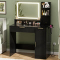 Cyclysio Fluted Vanity Desk with Mirror and Lights, Wood Makeup Vanity Desk with Power Strips, Modern Dressing Table with Drawers & Cabinet for Bedroom, Black