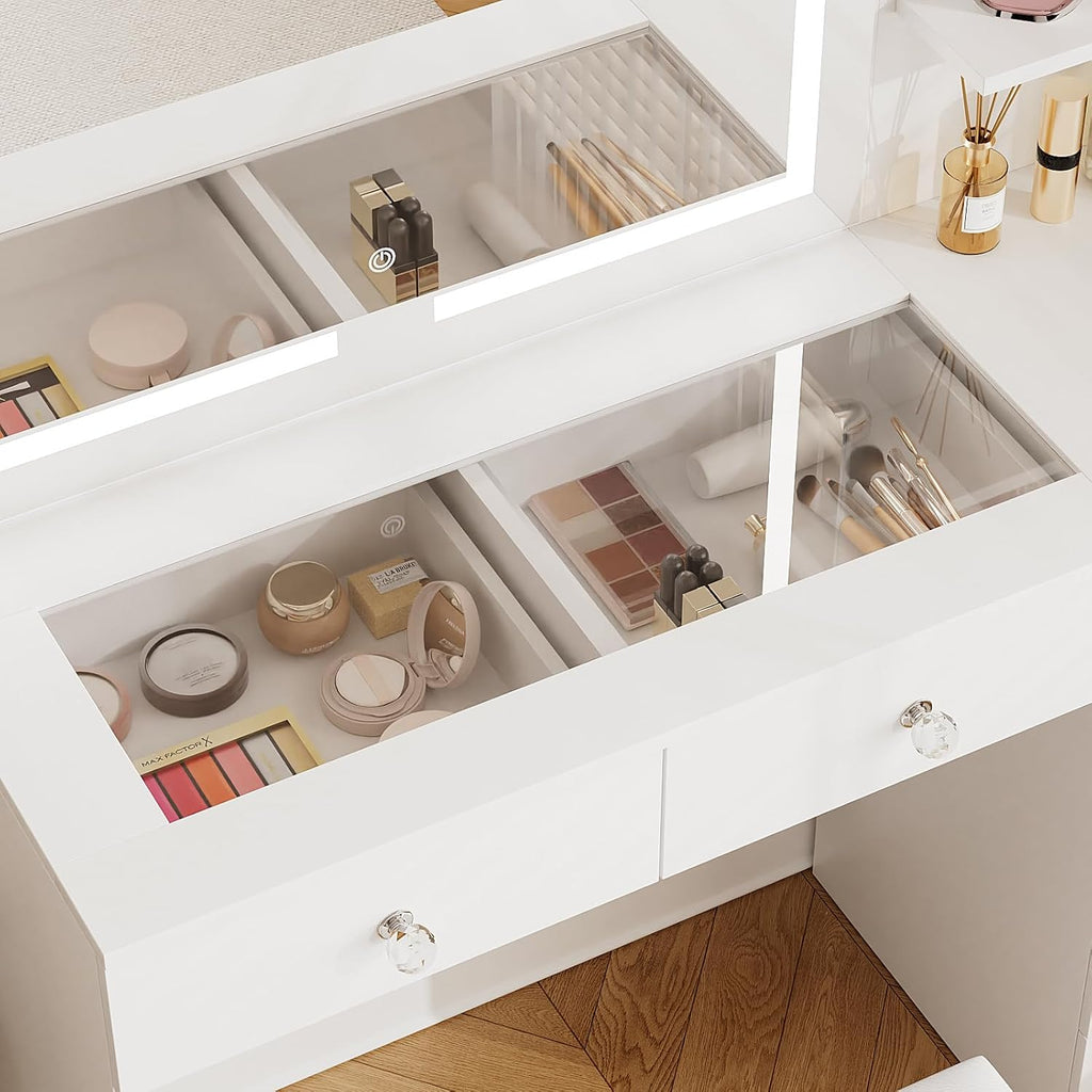 VOWNER Vanity with Mirror and Lights - 47' Glass Top Makeup Vanity Desk with 7 Drawers, 3 Storage Shelves and Outlet, 3 Color Lighting Modes Adjustable Brightness, Makeup Table for Bedroom (White)