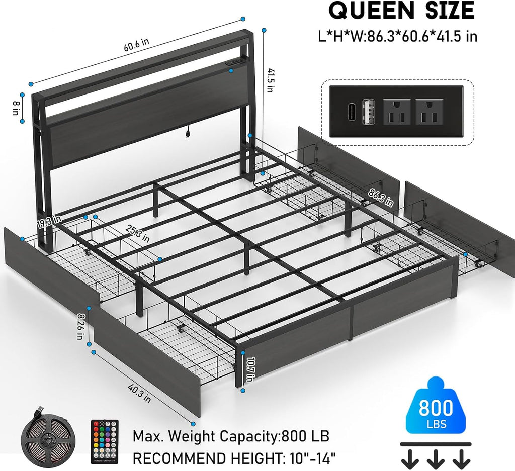 Fabulis Queen Bed Frame with Storage Headboard and 4 Drawers, Metal Platform Bed Frame with LED Light, Charging Station, No Box Spring Needed, Noise Free, Easy Assembly,Charcoal Grey