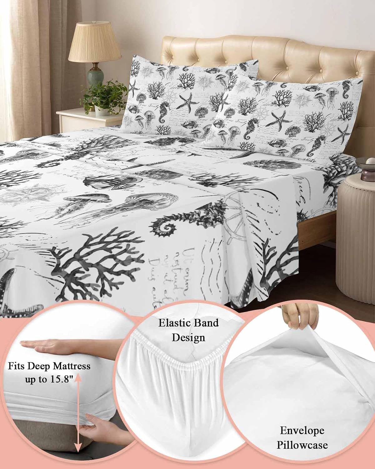 Gray Coastal Cal King Sheet Set 4 Piece Bedding - Retro Nautical Starfish Coral Jellyfish Breathable Comfy Cooling Bed Sheets & Pillowcase Sets,Hotel Luxury Flat Sheets Deep Pockets Fitted Sheet
