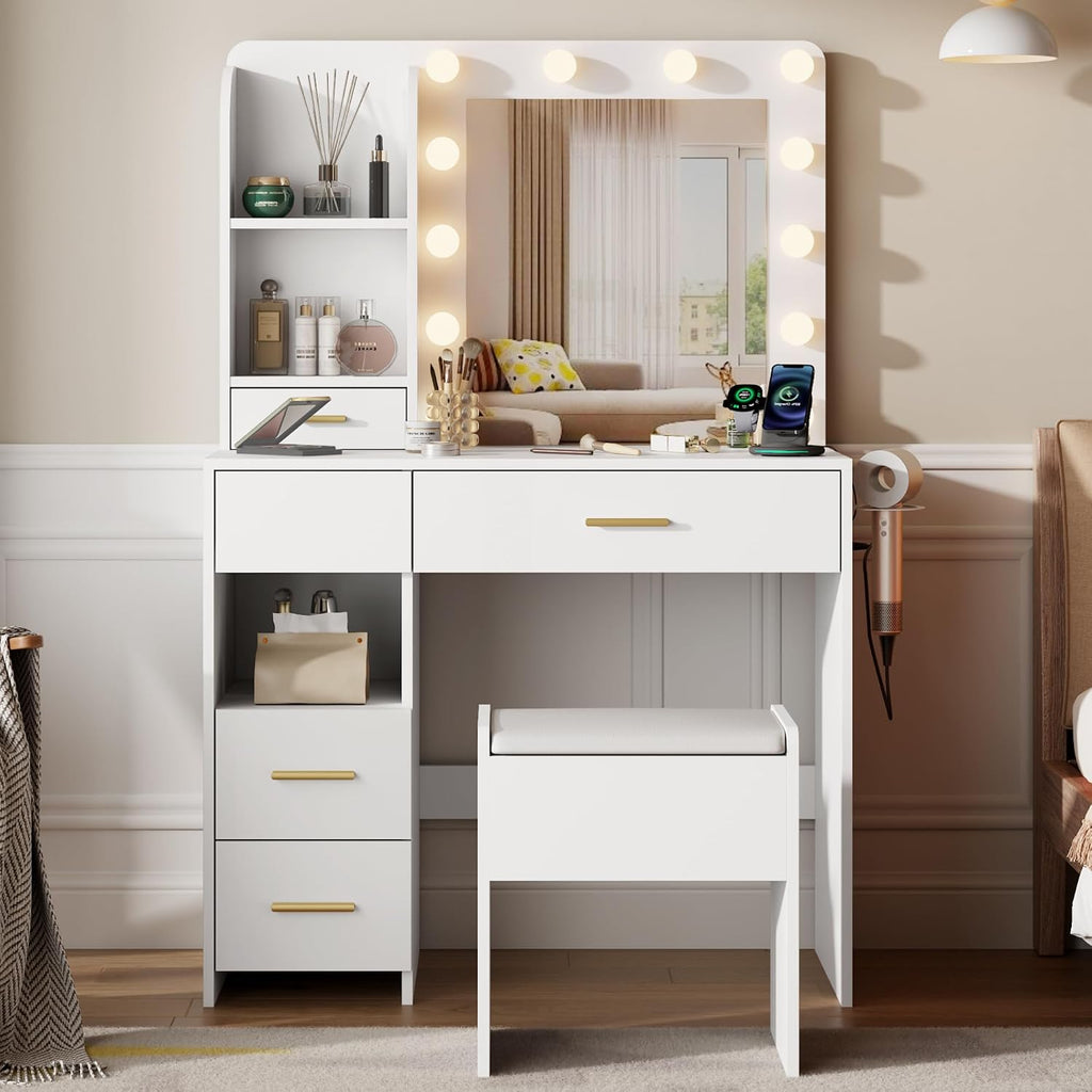 Vanity Desk with Mirror and Lights, 3 Adjustable Lighting Makeup Vanity Desk with 3 Storage Shelves, 5 Large Drawers and Power Outlet, Vanity with Chair for Bedroom, White