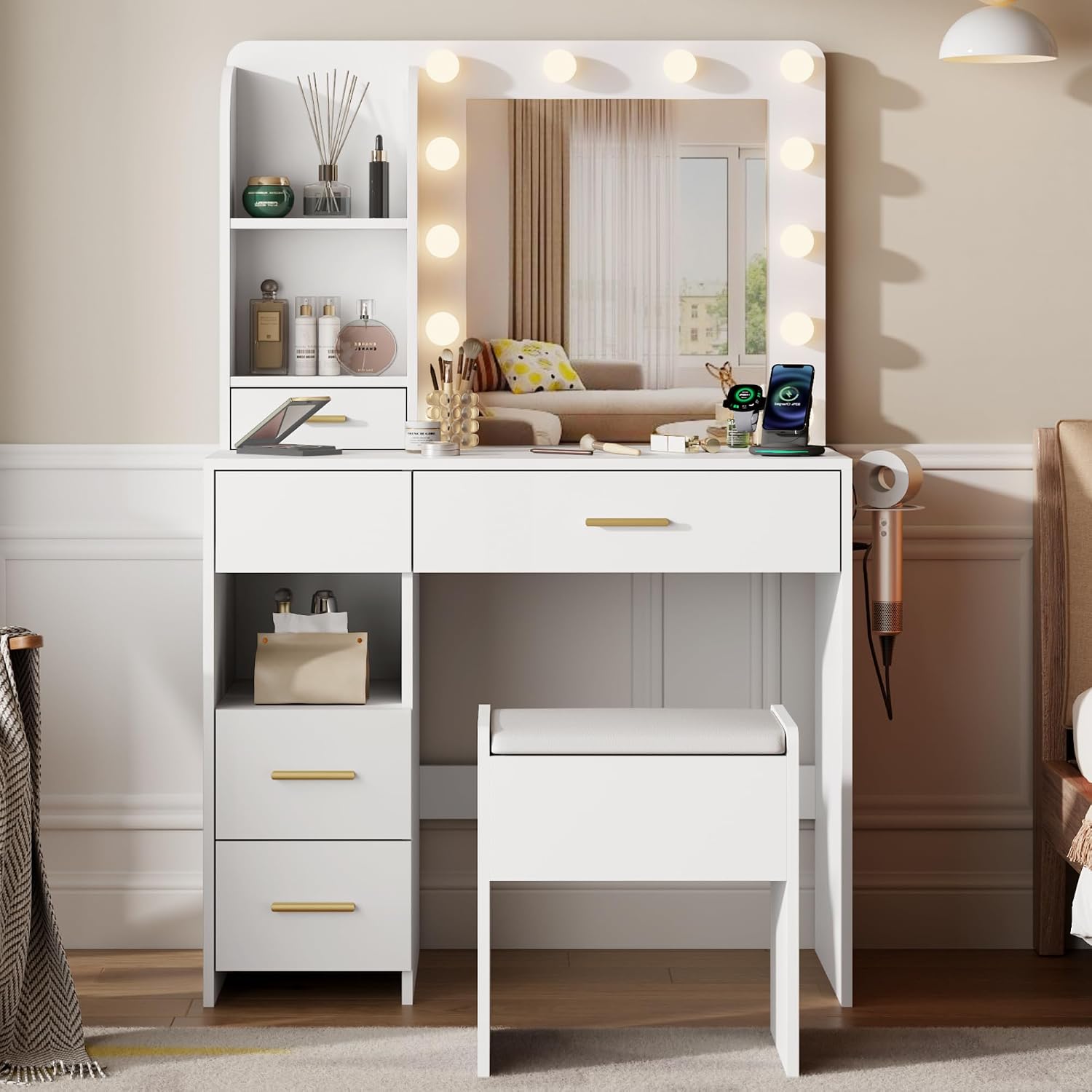Vanity Desk with Mirror and Lights, 3 Adjustable Lighting Makeup Vanity Desk with 3 Storage Shelves, 5 Large Drawers and Power Outlet, Vanity with Chair for Bedroom, White