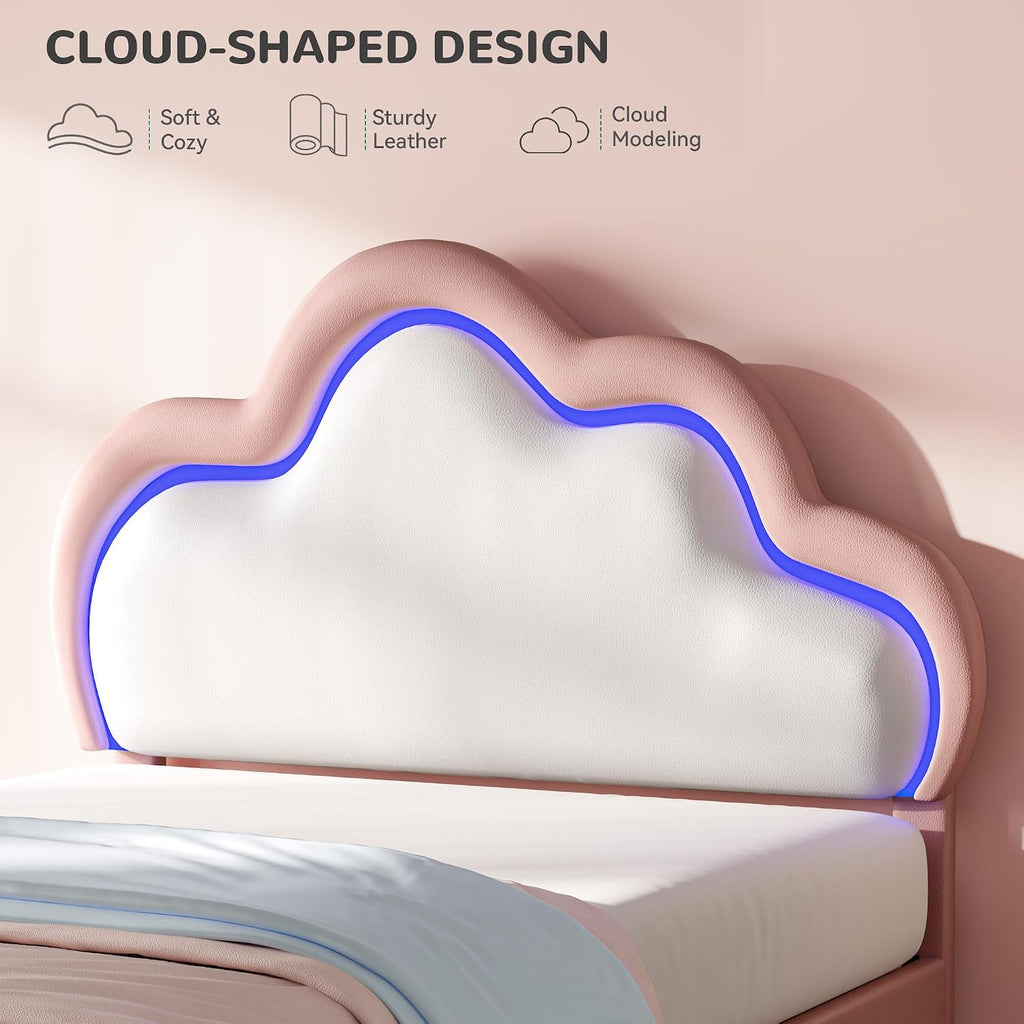 YITAHOME Twin Size Bed Frame, LED Bed with PU Faux Leather Adjustable Cloud Headboard, Platform Upholstered Bed Frame with Wooden Slats Support, No Box Spring Required, Easy Assembly, Pink