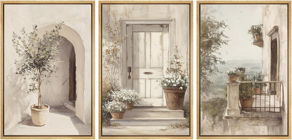 wall26 Framed Canvas Print Wall Art Set Mediterranean Courtyard with Olive Trees and Sunlit Doorway Illustrations Modern Art Decorative Multicolor for Living Room, Bedroom, Office - 16'x24'x3 NATURAL