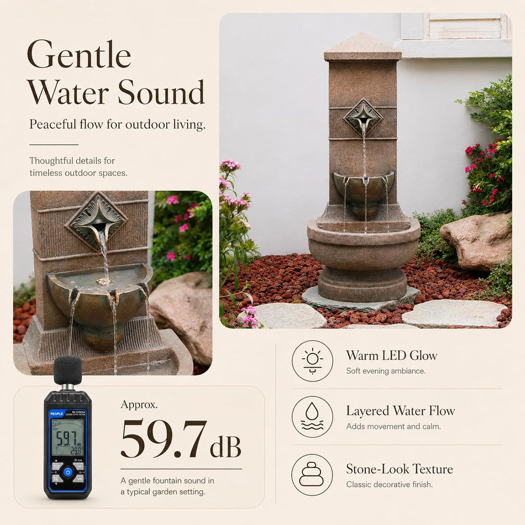 Bumilgar Outdoor Wall Fountain with LED Lights, 39.96' H Freestanding Garden Water Fountain, Large Floor Standing Patio Waterfall Feature, European Resin Flat Back Yard Courtyard Porch Décor