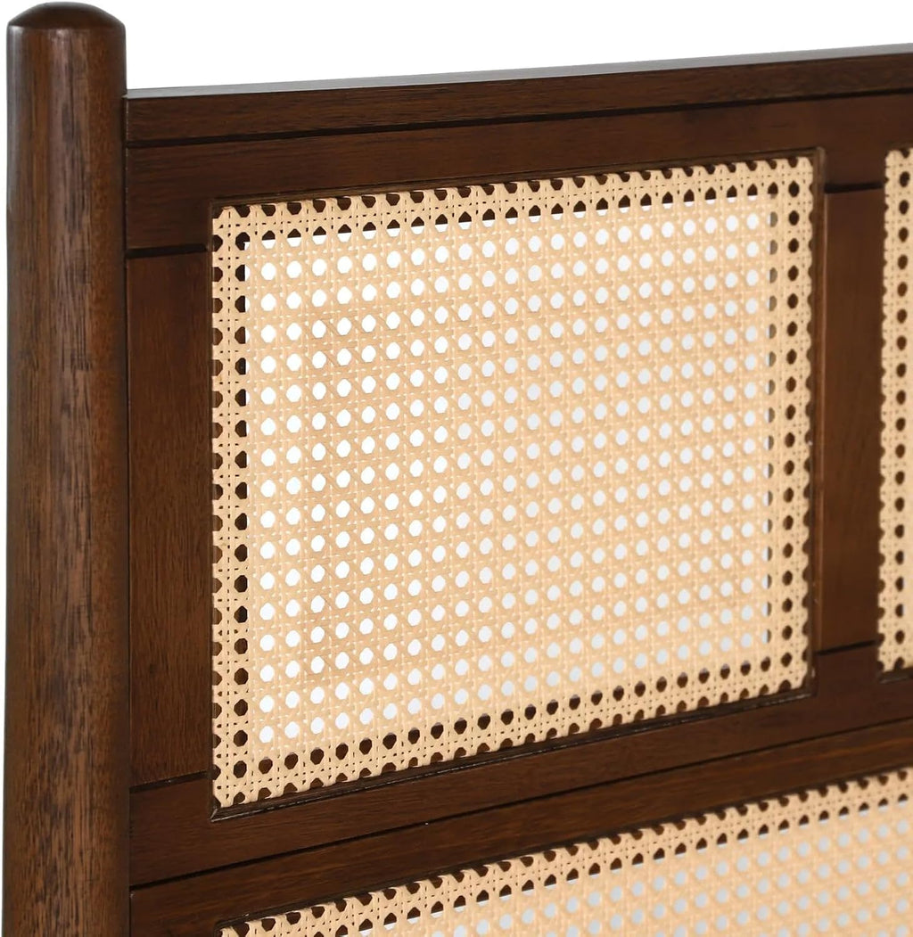 Grain Wood Furniture Mid Century Cane Solid Wood Queen Size Bed with a Brushed Walnut Finish