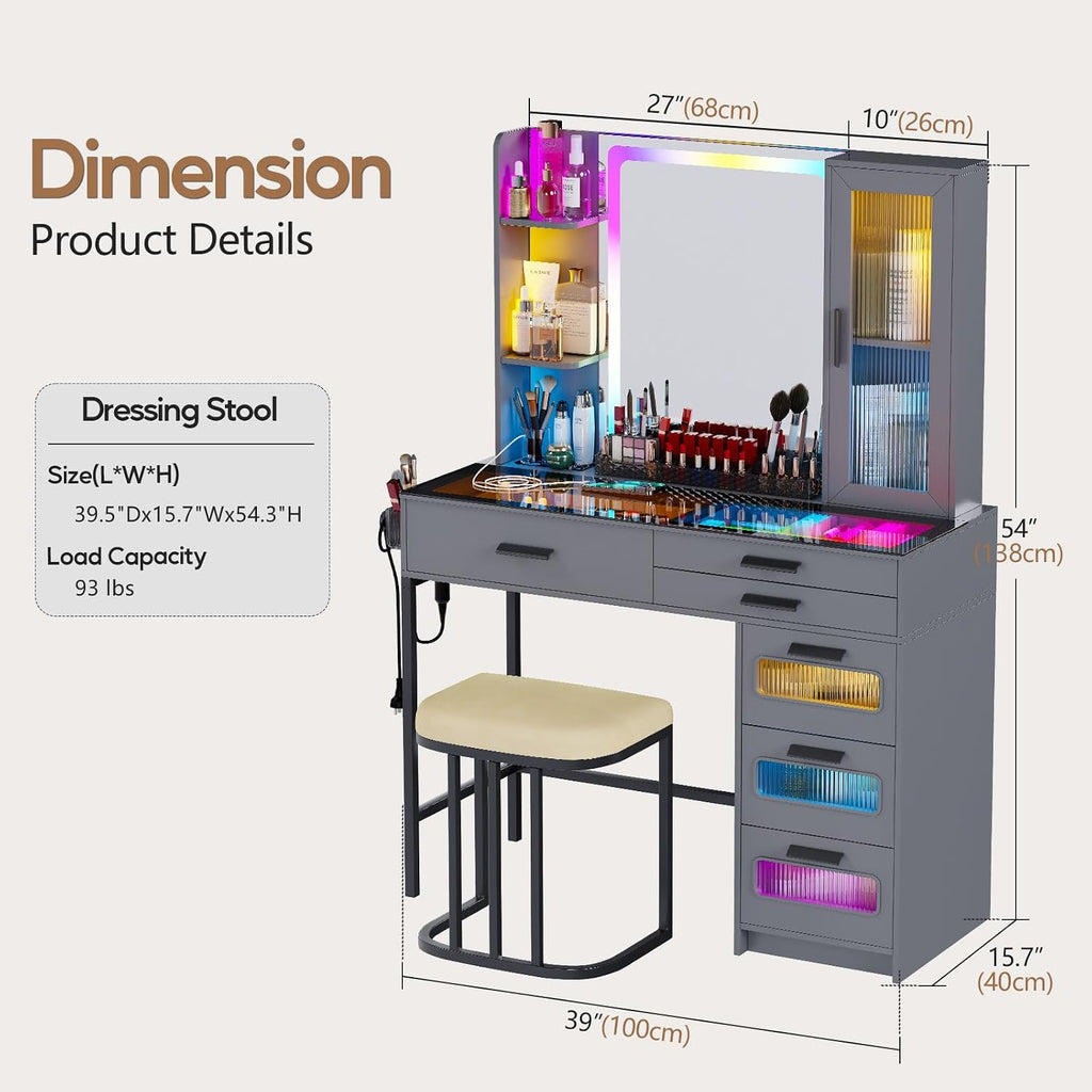 Makeup Vanity Desk with Mirror and RGB Lights,Glass Top Vanity Table with Wireless Charging & Stool,Vanity Set with 6 Drawers & Storage Cabinet & Makeup Organizer，Bedroom（Grey）