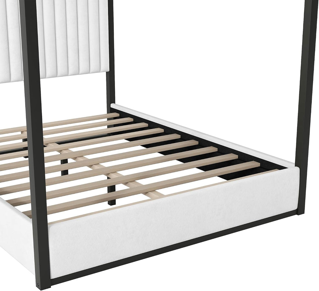 Upholstery Canopy Platform Bed with Headboard and Metal Frame for Bedroom,No Spring Box Needed (Black+White, Queen (U.S. Standard))