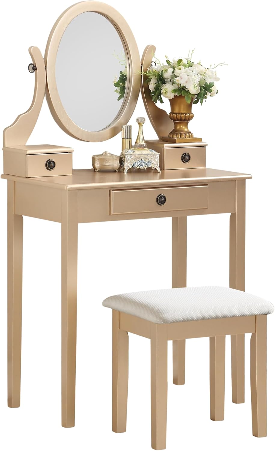Roundhill Furniture Moniys Wood Moniya Makeup Vanity Table and Stool Set, Gold