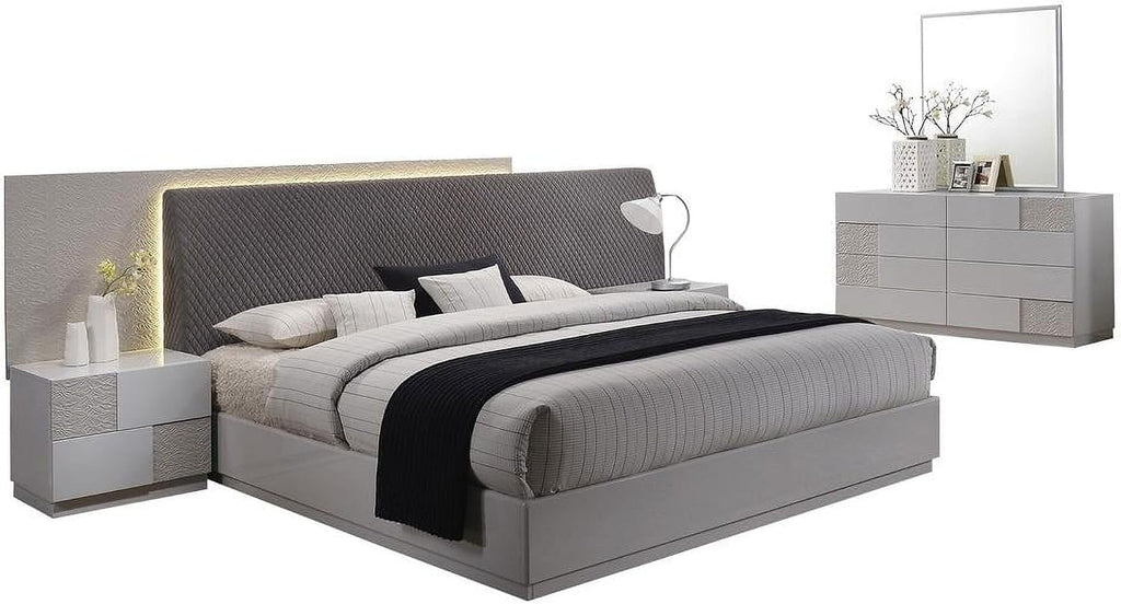 Modern Eastern King Bedroom 5Pc Set, Lacquer Wood and Popler Wood LED Bed with Drawer Storage, Nightstands, Silver/Gray