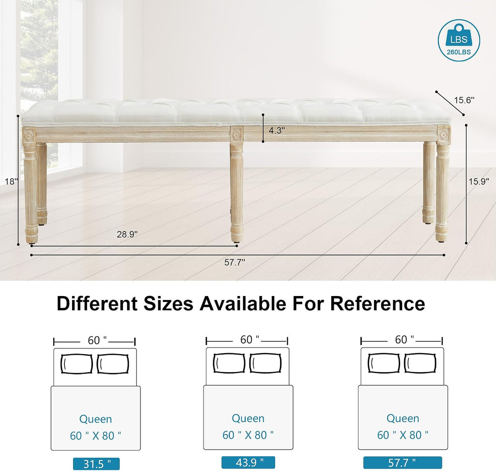 58'' Entryway Bench, Upholstered Button End of Bed Bench, Vintage Bench with Carving Pattern Wood Legs, Vanity Foot-Stool, White
