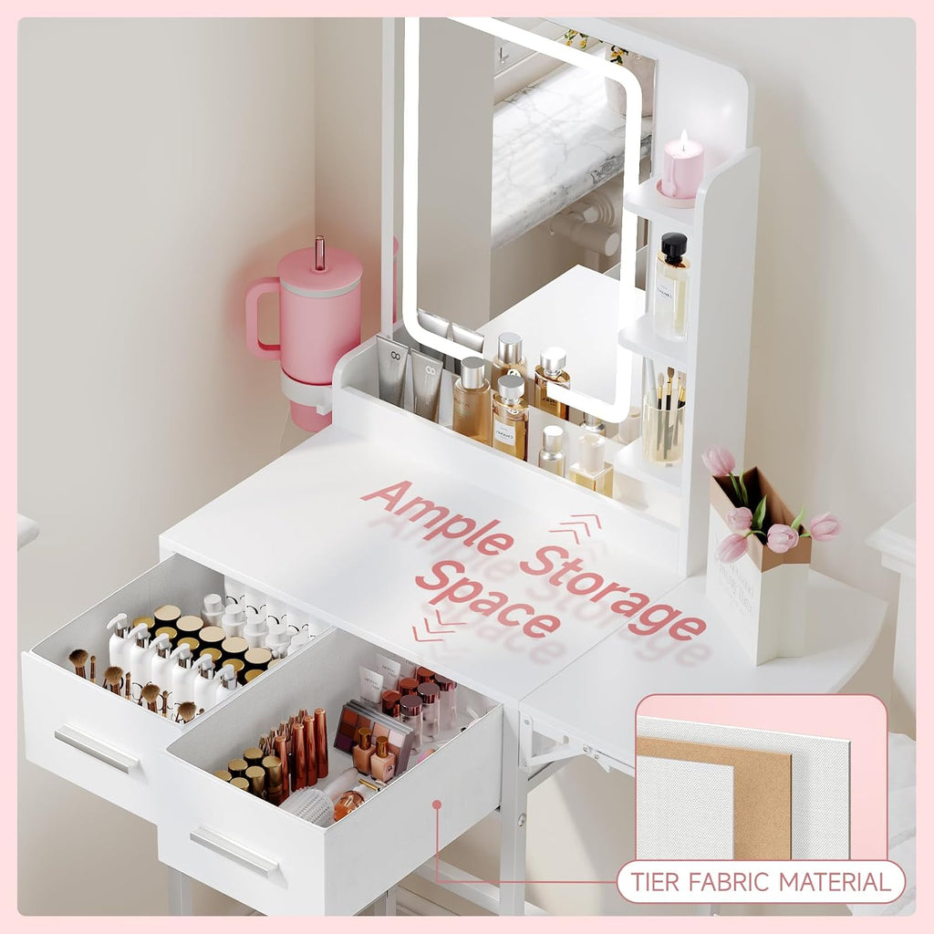Small Vanity Desk for Compact Space: Mini Makeup Table Set for Bedroom - Tiny White Vanity with Mirror for Girls