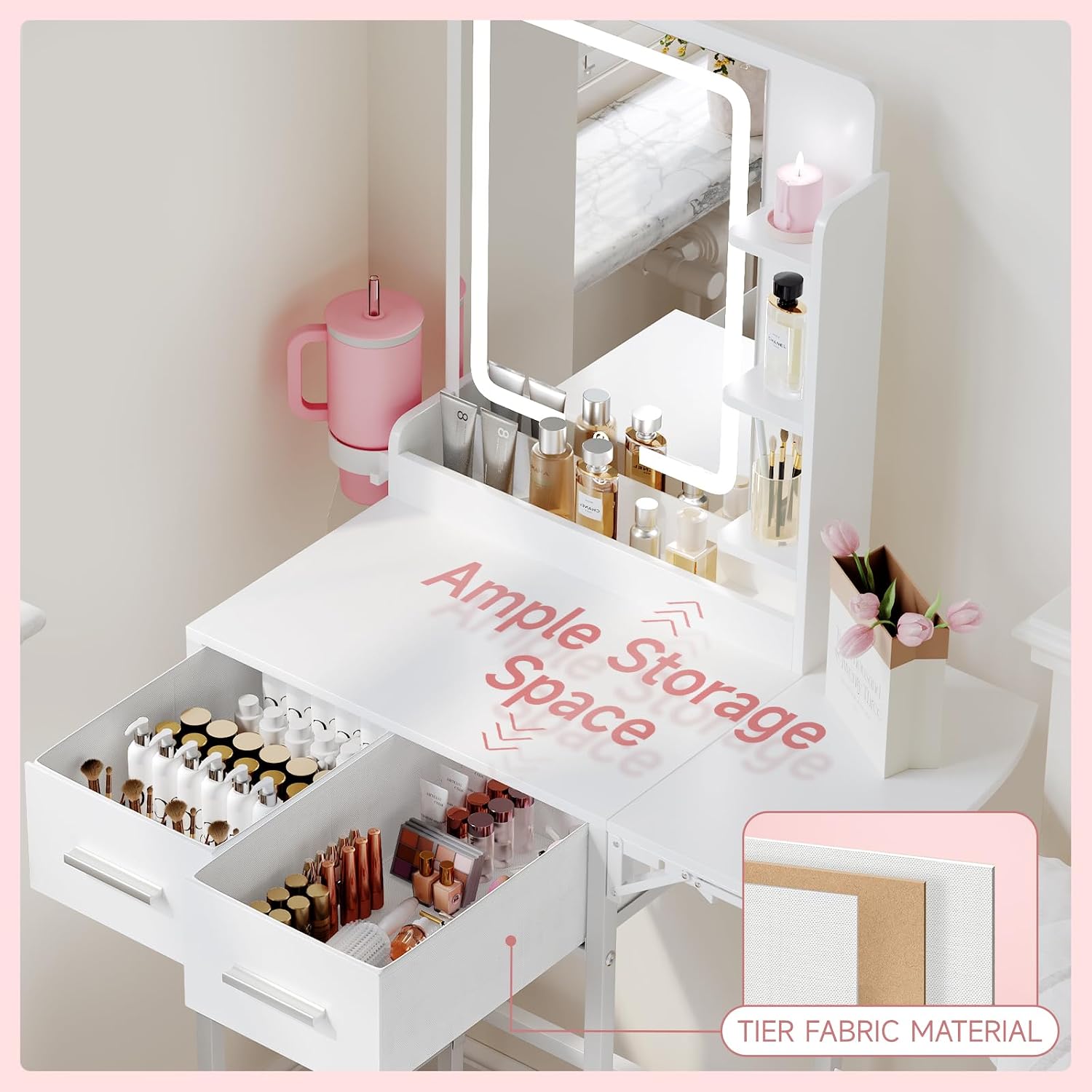 Small Vanity Desk for Compact Space: Mini Makeup Table Set for Bedroom - Tiny White Vanity with Mirror for Girls