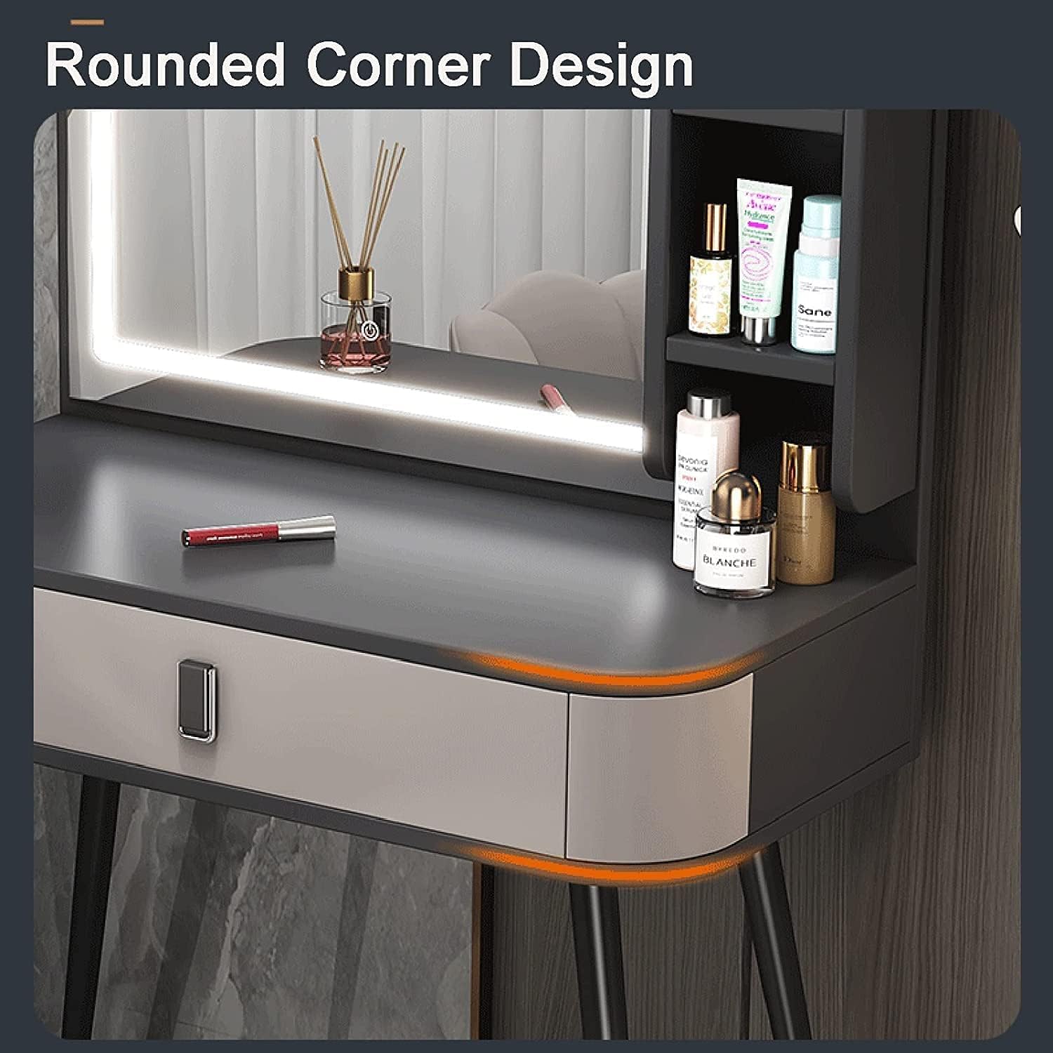 Rieort Vanity Desk MDF Vanity Table Set with Flip Top Lighted Mirror Makeup Table Cushioned Stool Home Nightstand Vanity Benches