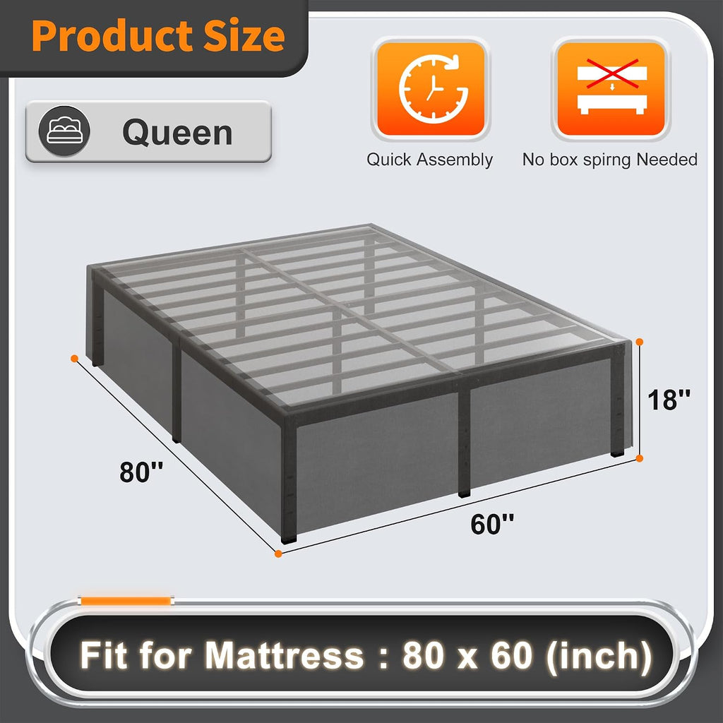 Cieemine 18 Inch Queen Bed Frame with Black Bed Cover, Metal Bed Frames Queen Size No Box Spring Needed, Heavy Duty Mattress Foundation, Easy Assembly, Noise Free