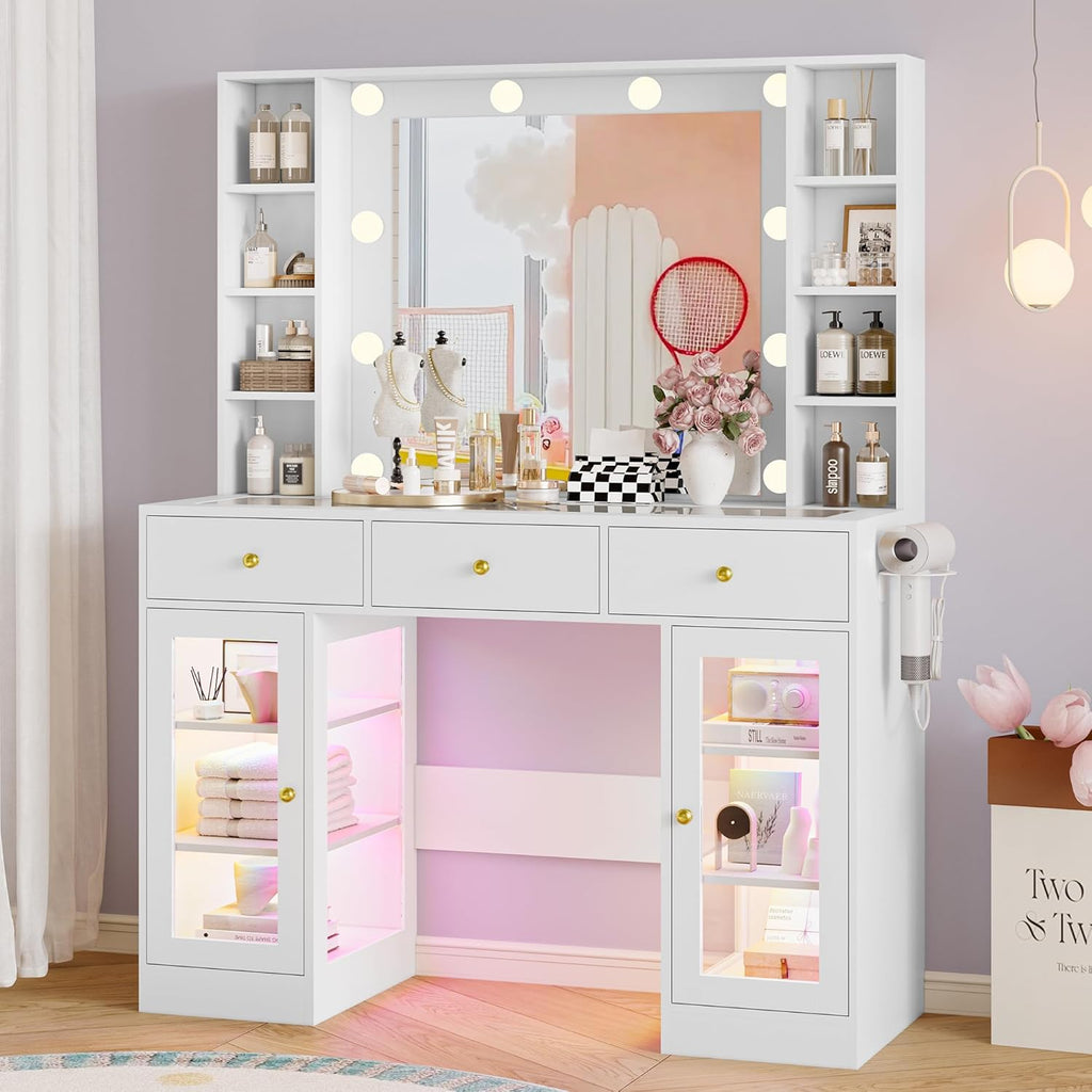 Wodeer Makeup Vanity Desk with Mirror and Lights, White Vanity with Glass Top, LED Lights & Power Outlet, 3 Drawers & 2 RGB Glass Cabinets, Adjustable Lighted Dressing Table for Women & Girls Bedroom