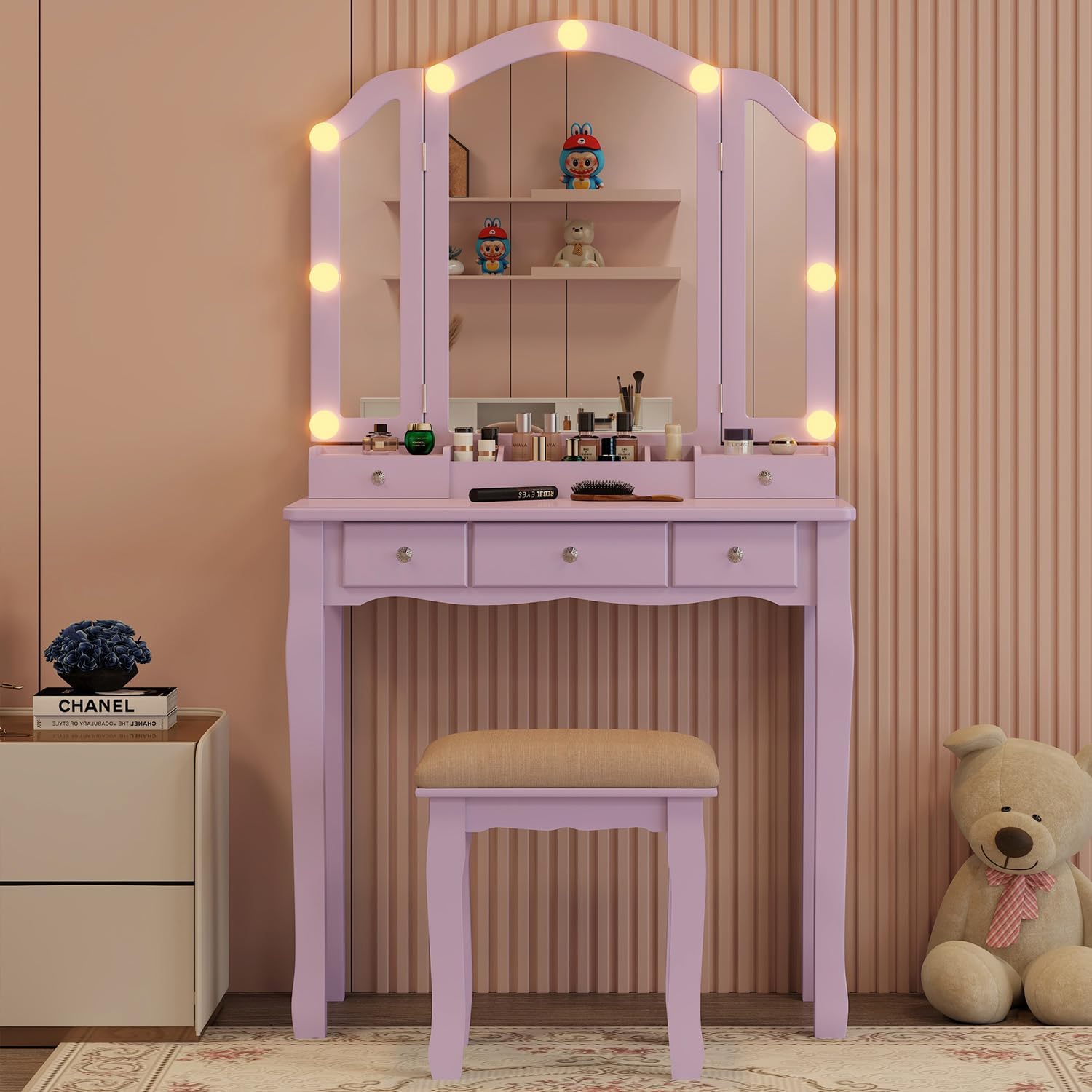 Purple Vanity Desk with Mirror and Lights Purple Vanity for Girls Makeup Vanity Desk with Lights Vanity Table with Lighted Mirror Make Up Vanity Desk with Drawers and Chair Set