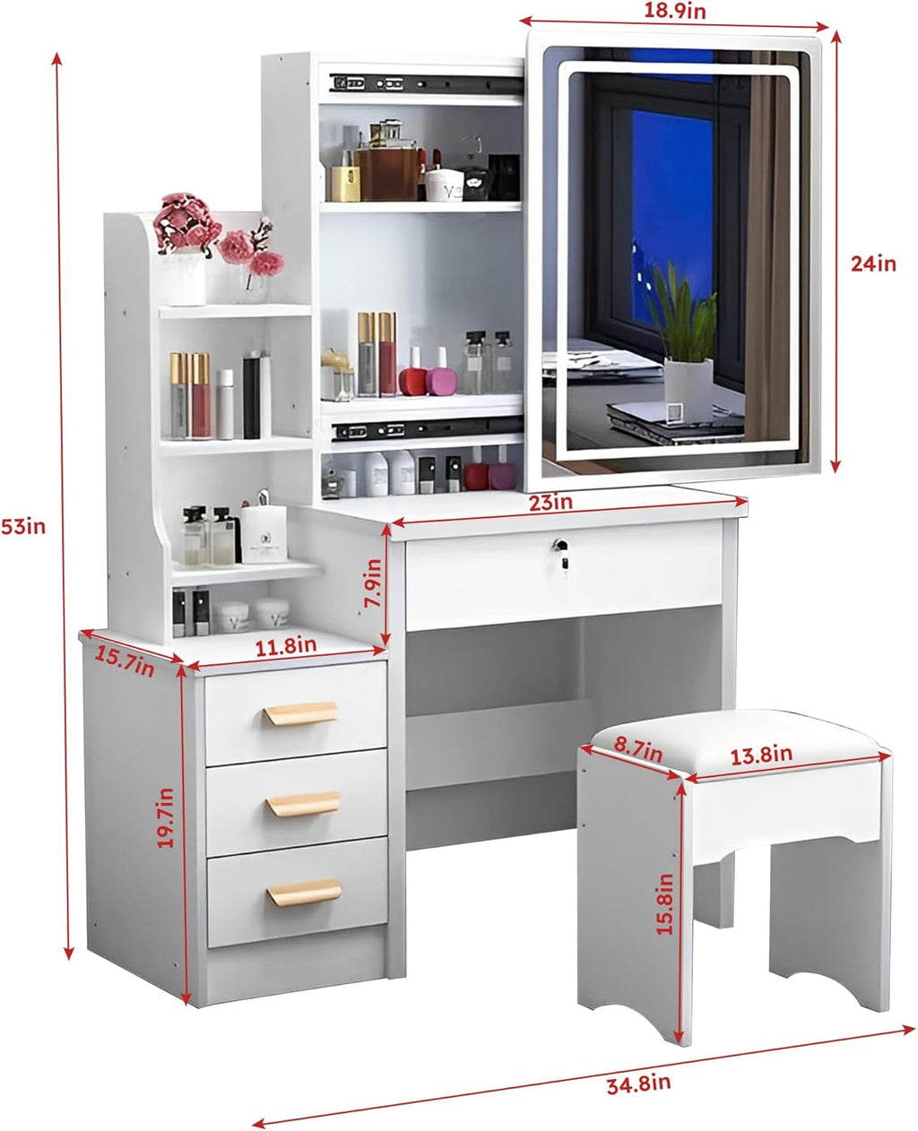 Makeup Vanity Desk with Mirror and Lights, Vanity Table Set with Storage Drawer & Chair & 3 Shelves, 3 Lighting Colors, Adjustable Brightness White Makeup Vanity with Lights (Medium)