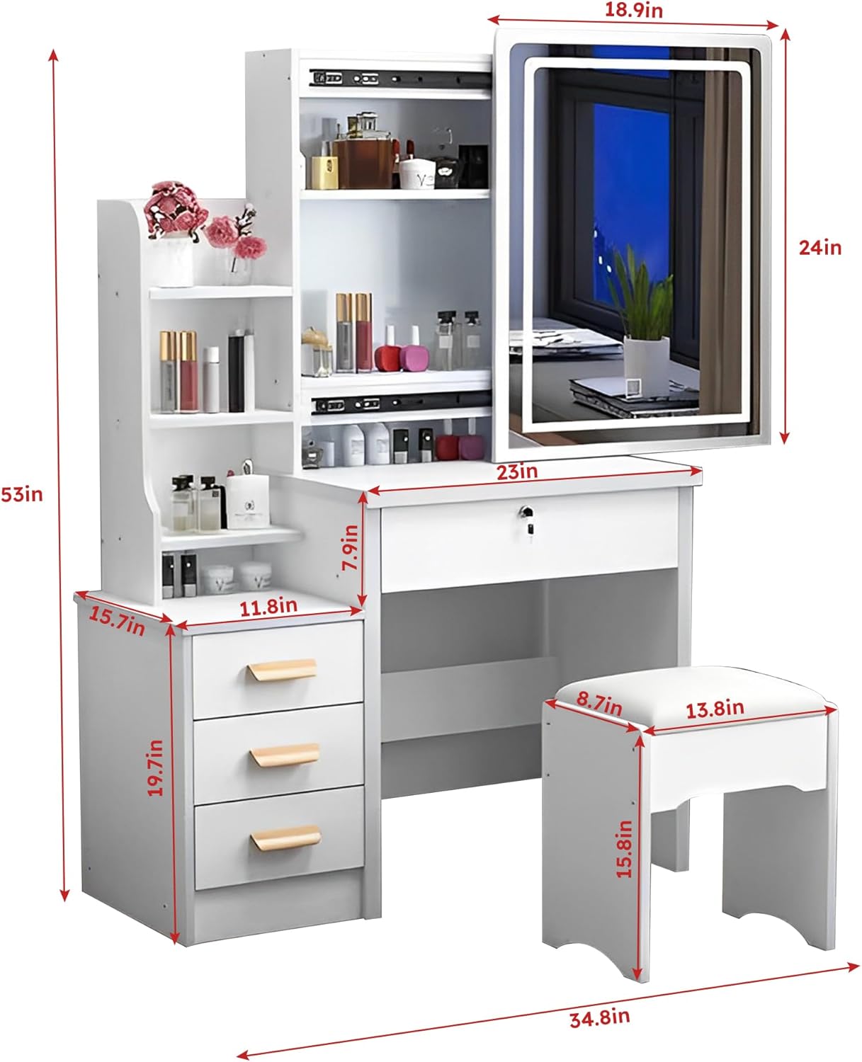 Makeup Vanity Desk with Mirror and Lights, Vanity Table Set with Storage Drawer & Chair & 3 Shelves, 3 Lighting Colors, Adjustable Brightness White Makeup Vanity with Lights (Medium)