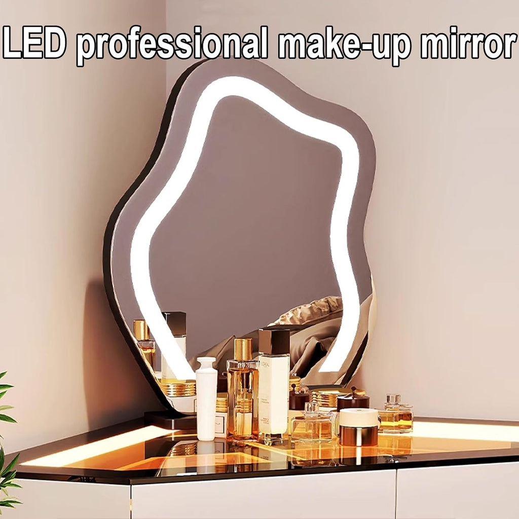 Makeup Vanity with Mirror and Lights Expandable and Adjustable Wood Vanity Lighting Adjustable in Three Levels 90° Corner Design Multi-Purpose Table(White,140 * 30 * 130CM)